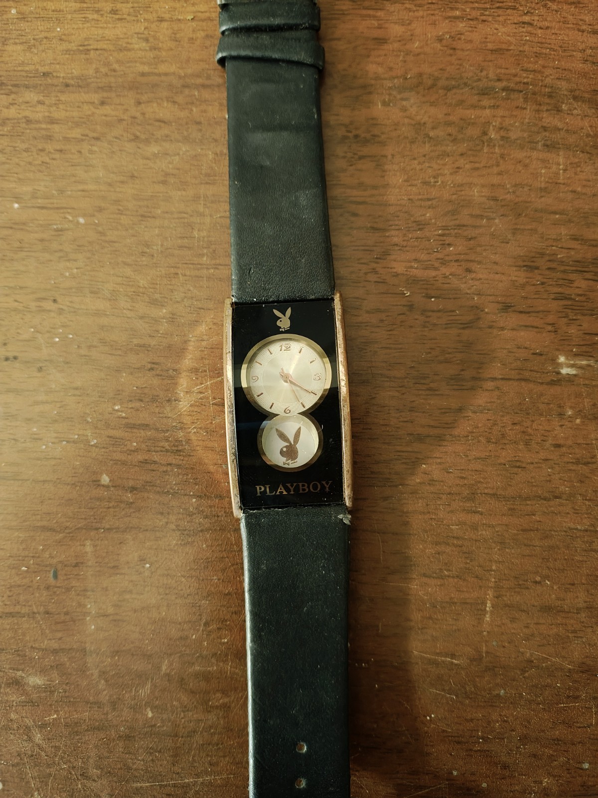 Playboy Quartz Rectangle Dress Watch Gold Tone Black Leather Strap White Dial
