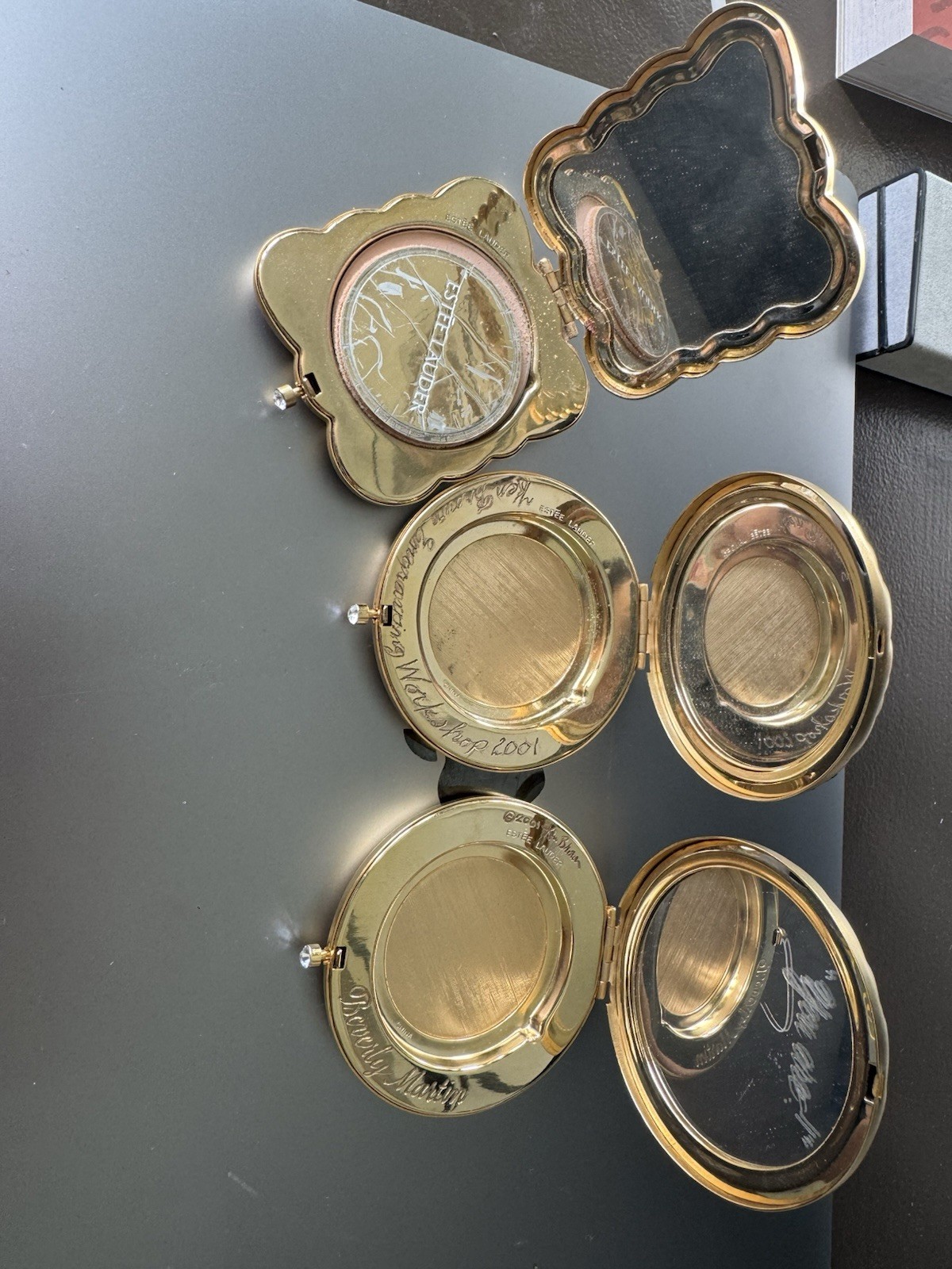 Lot of 3 – Estée Lauder Golden Zodiac Finished Solid Perfume Compact – Engraved