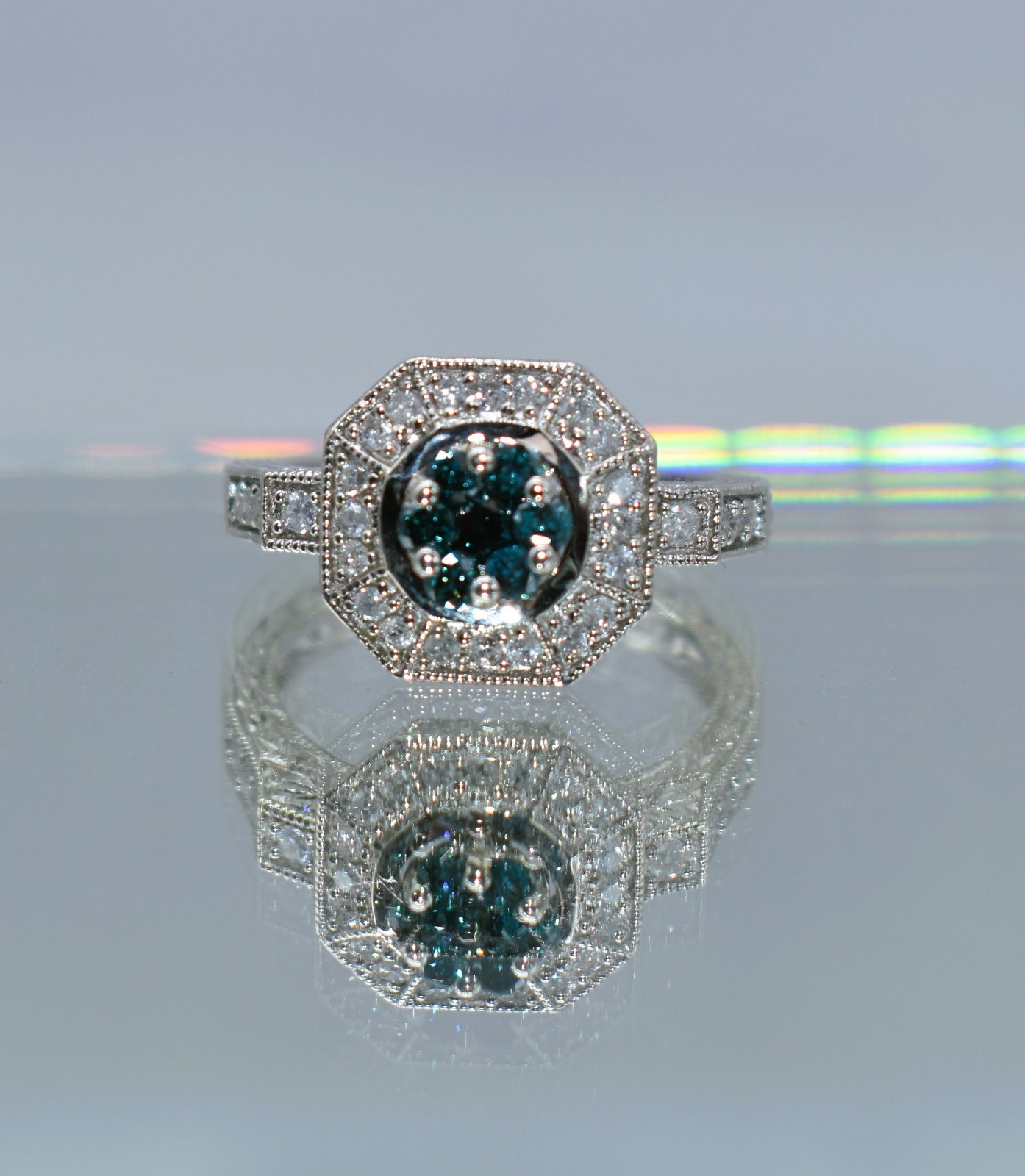 0.57 CT TW Treated Blue & White Diamonds Sterling Silver Halo Ring Size 8-1/4