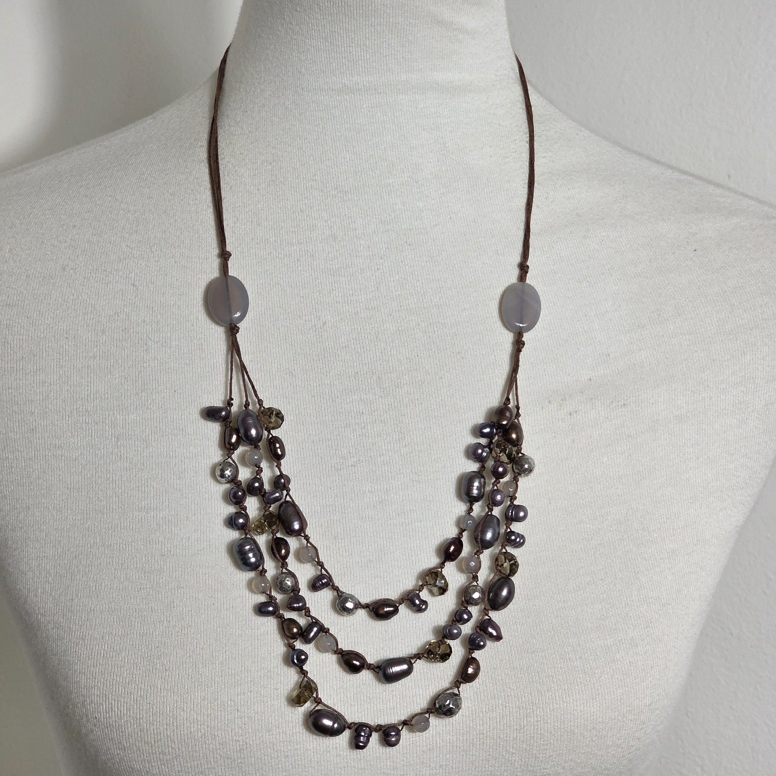 J. Jill Triple Strand Necklace Gray & Bronze Colored Beads on Brown Cord