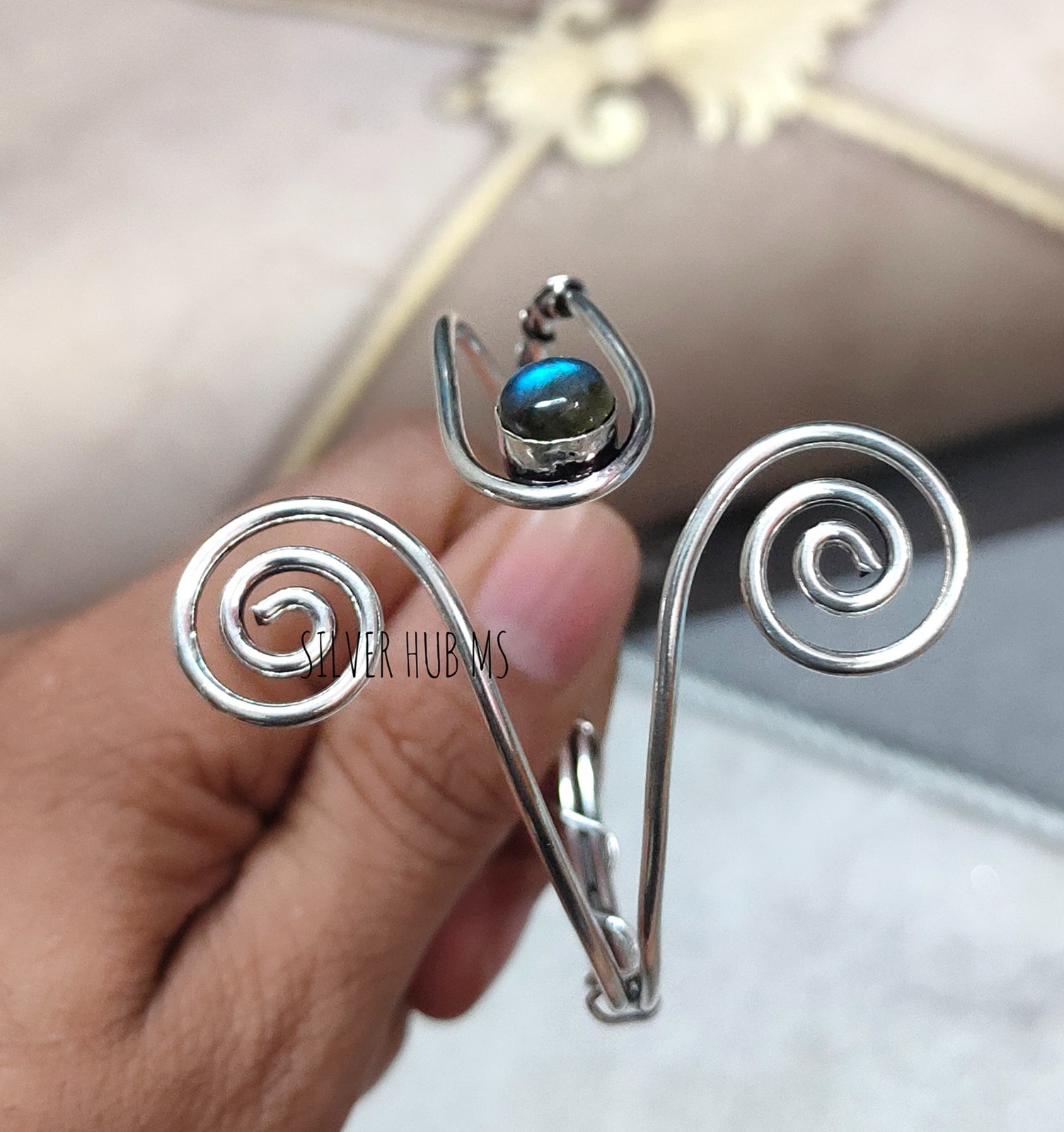 925 Sterling Silver Natural Labradorite Handmade Designer Adjustable Bangle Cuff