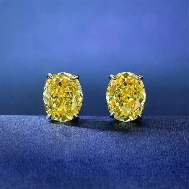 2Ct Oval Cut Lab Created Yellow Sapphire Stud Earring’s 14K White Gold Plated