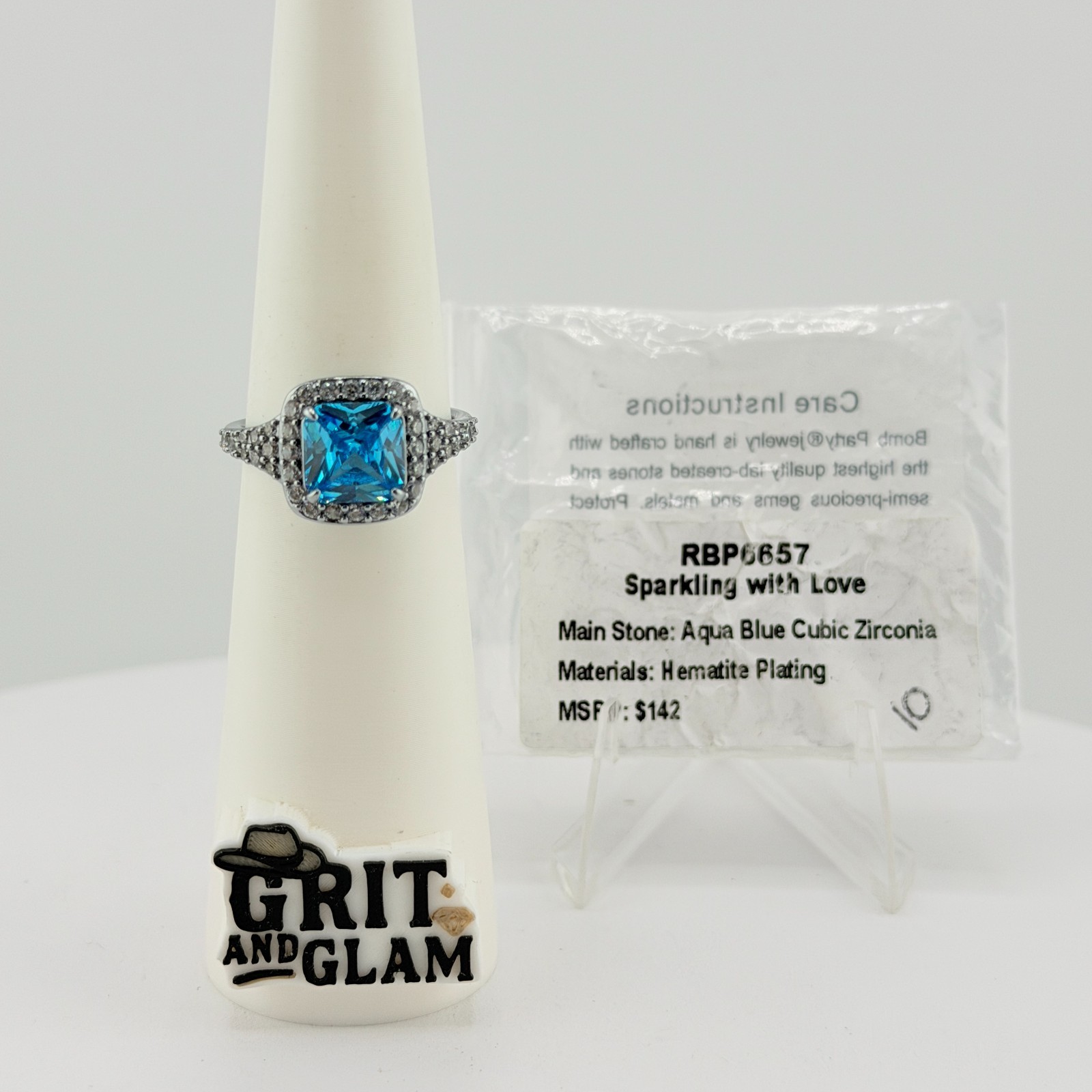 Bomb Party Ring Sz 10 “Sparkling With Love” Aqua Blue on Hematite RBP6657 RETRO