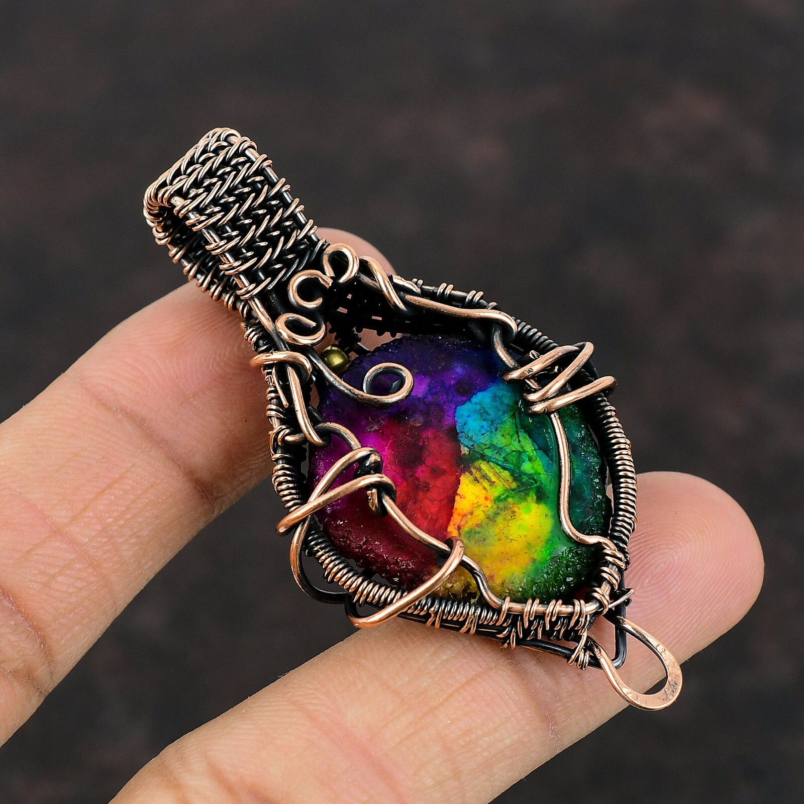 Rainbow Solar Quartz Druzy Copper Gift For Briedsmaid Wire Wrapped Pendant 2.6″