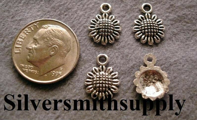 4 Sun flower charms silver plated zinc findings great earrings pendants CFP006
