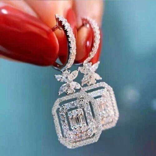 2.60Ct Lab Created Diamond Baguette Drop/Dangle Earrings 14K White Gold Plated