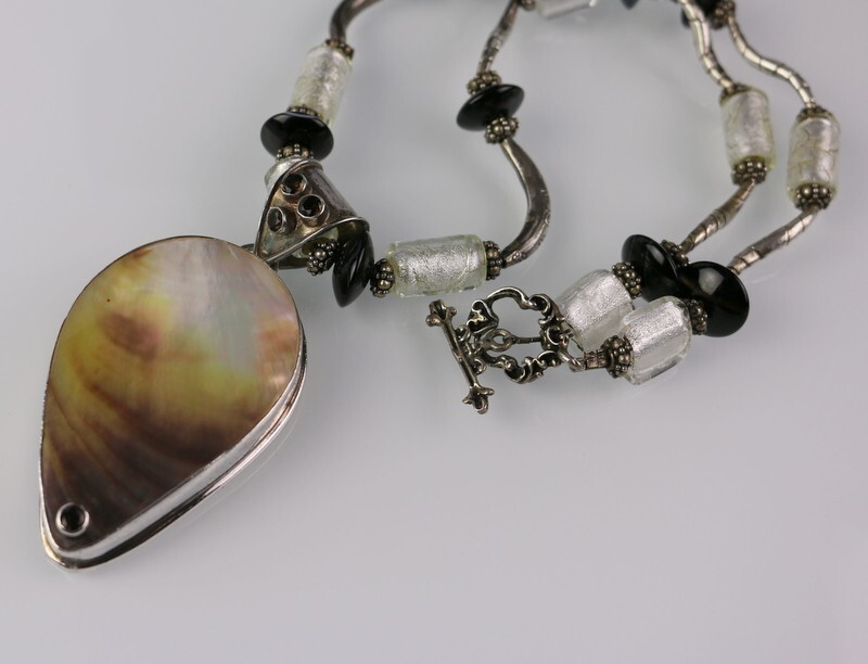 Vintage Sterling Silver 925 Mother Of Pearl Enhancer Murano Glass Necklace 93g