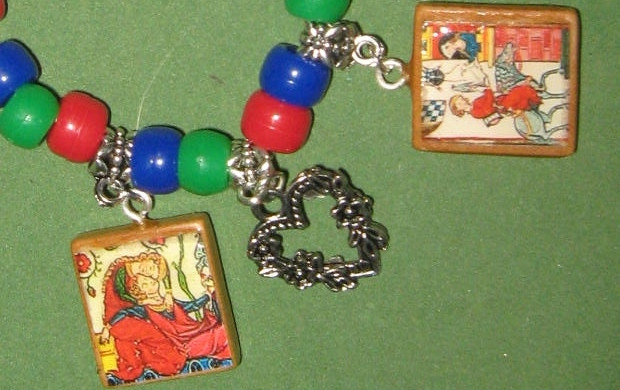 “COURTLY LOVE”- ALTERED ART BEADED CHARM BRACELET-ELASTIC BAND