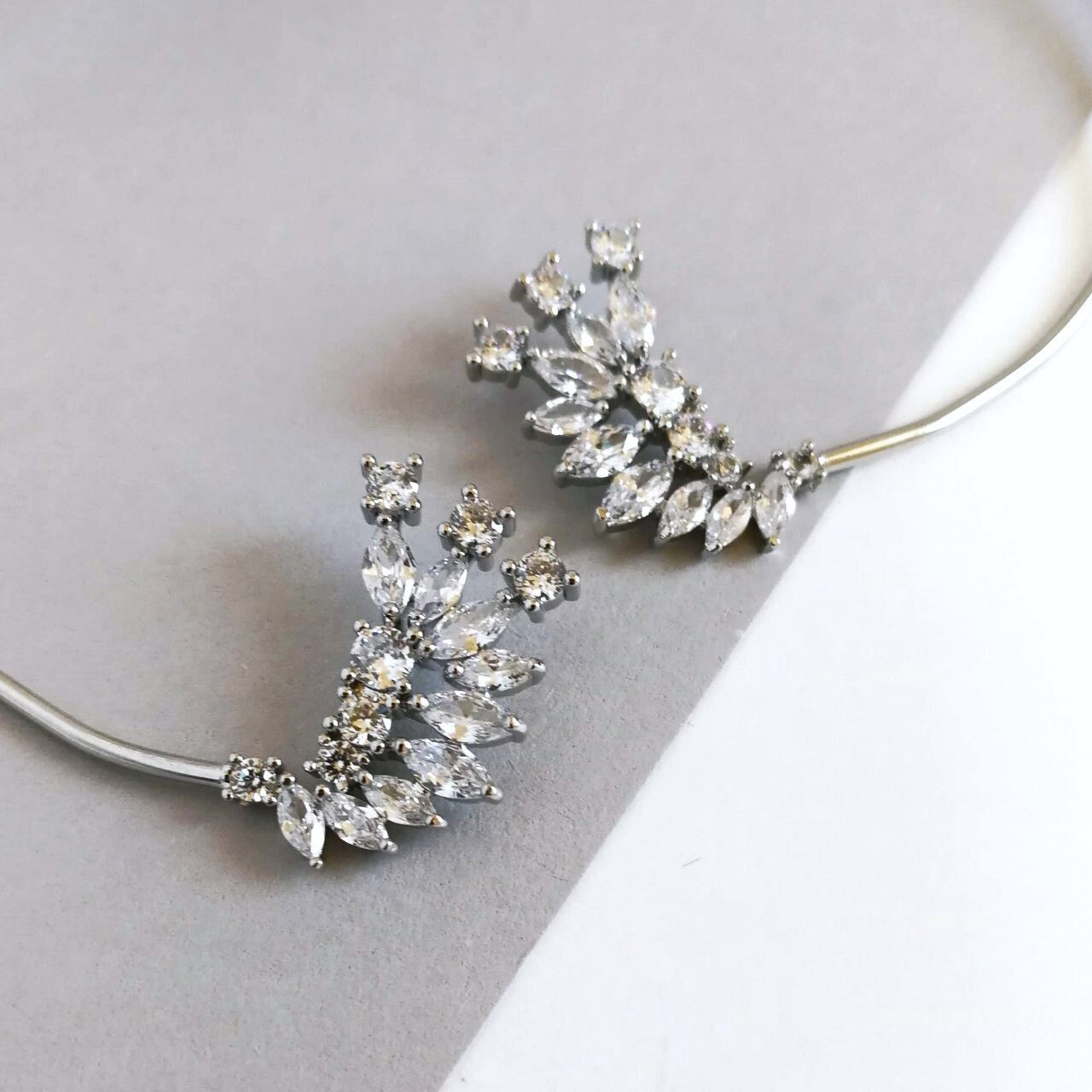 DOUBLE SIDE Silver Marquise Cut CZ Cluster Earrings Ear Cuff Crawler Climber