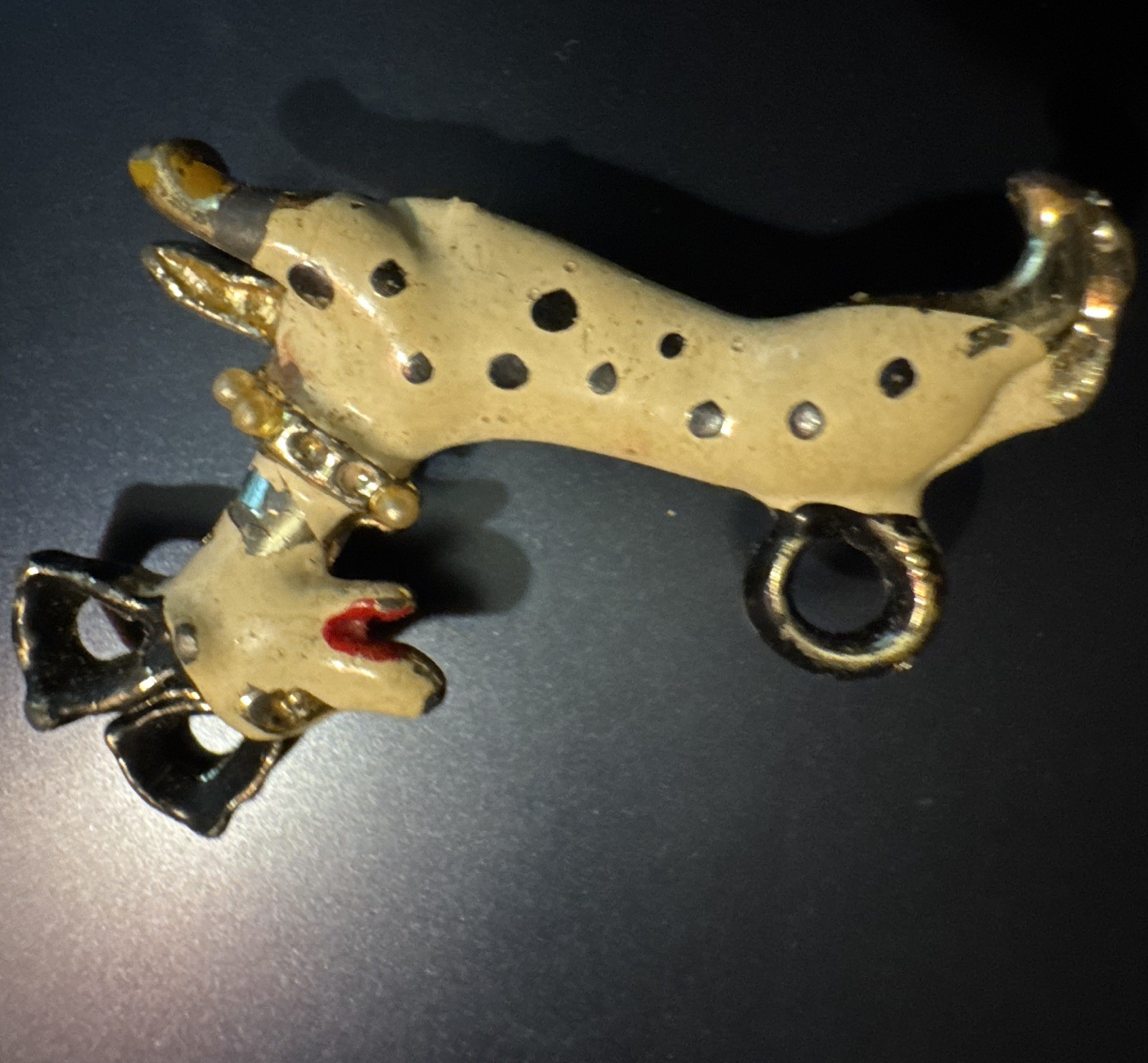 Enamel Dog Brooch Pin, Gold Tone White & Black Spotted Animals & Insects Theme
