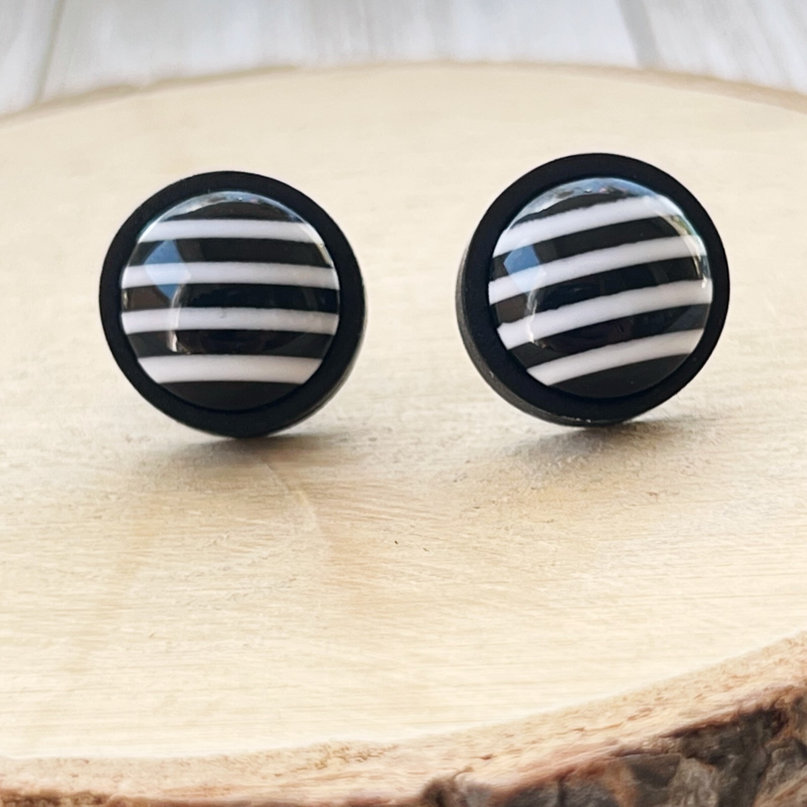 Black and White Striped Stud Earrings Black Wood Stainless Steel Post Earrings