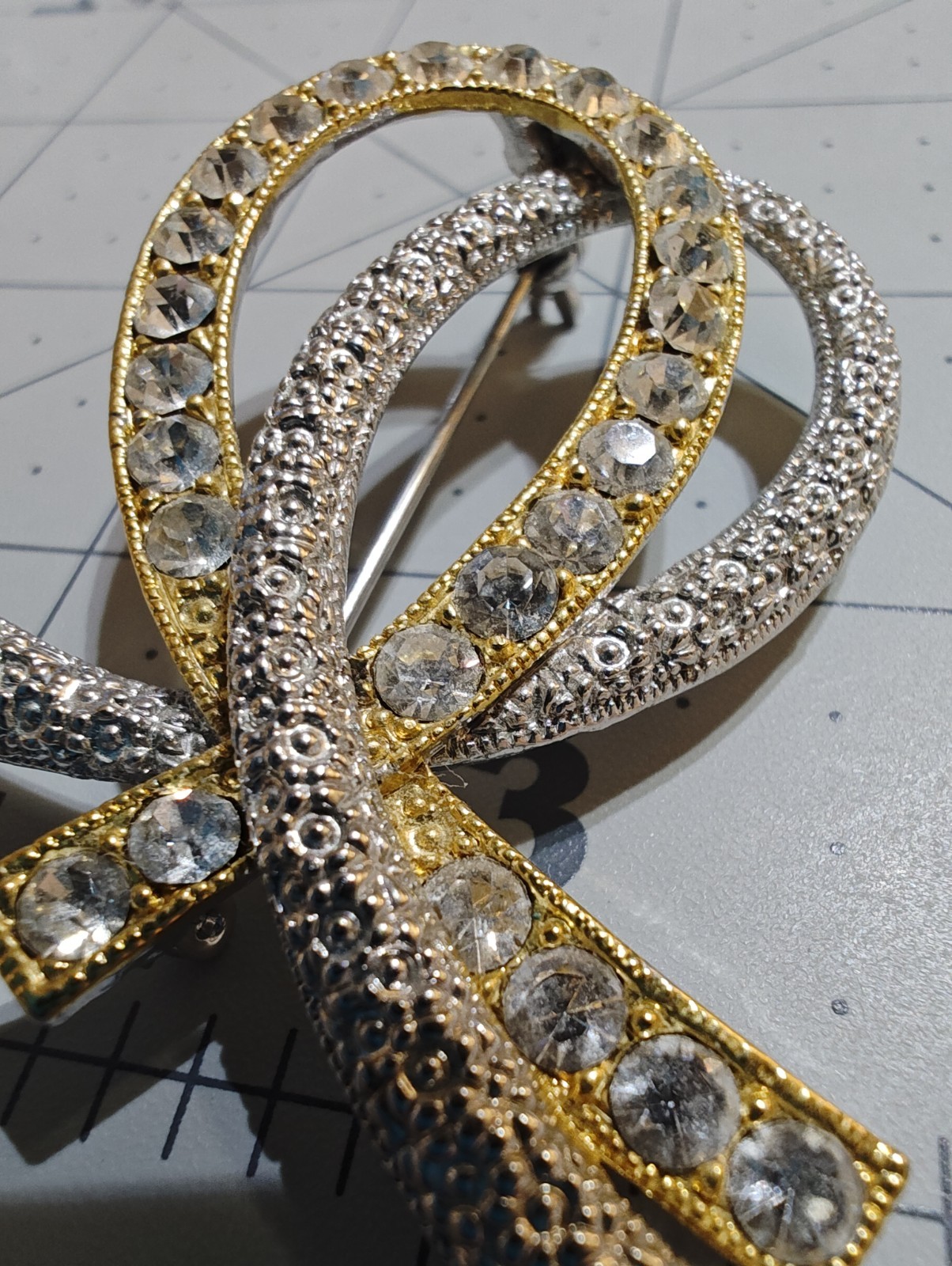 Ribbon Brooch Pin Gold & Silver Tone Clear Round Rhinestones 2.25 in