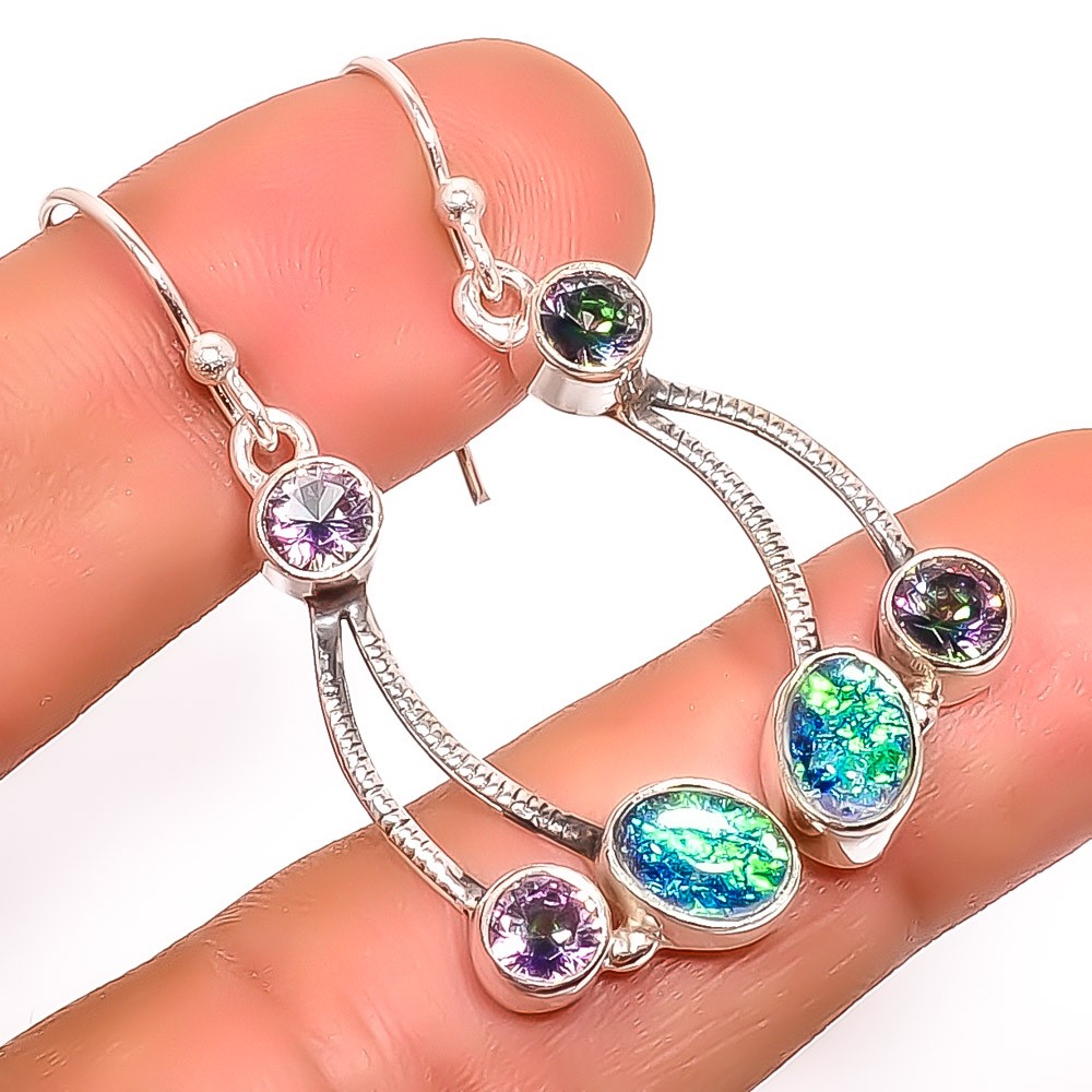 Triplet Fire Opal & Mystic Topaz 925 Silver Earring 1.76″ E55-7