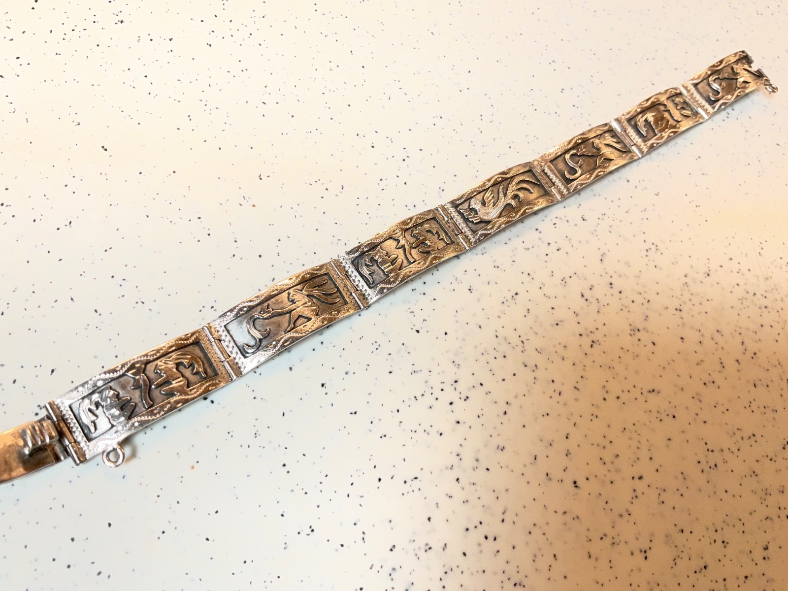 Vintage Chinese Export .900 Silver 7 Panel Bracelet Phoenix Archaistic Design