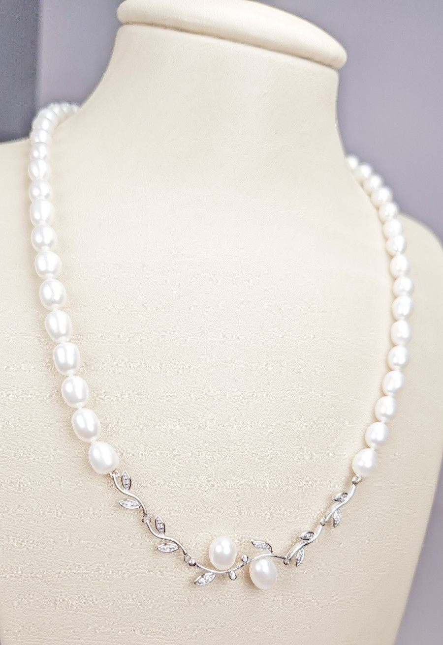 925 Sterling Silver Diamond White Cultured Freshwater Pearl Necklace 18–19.5″