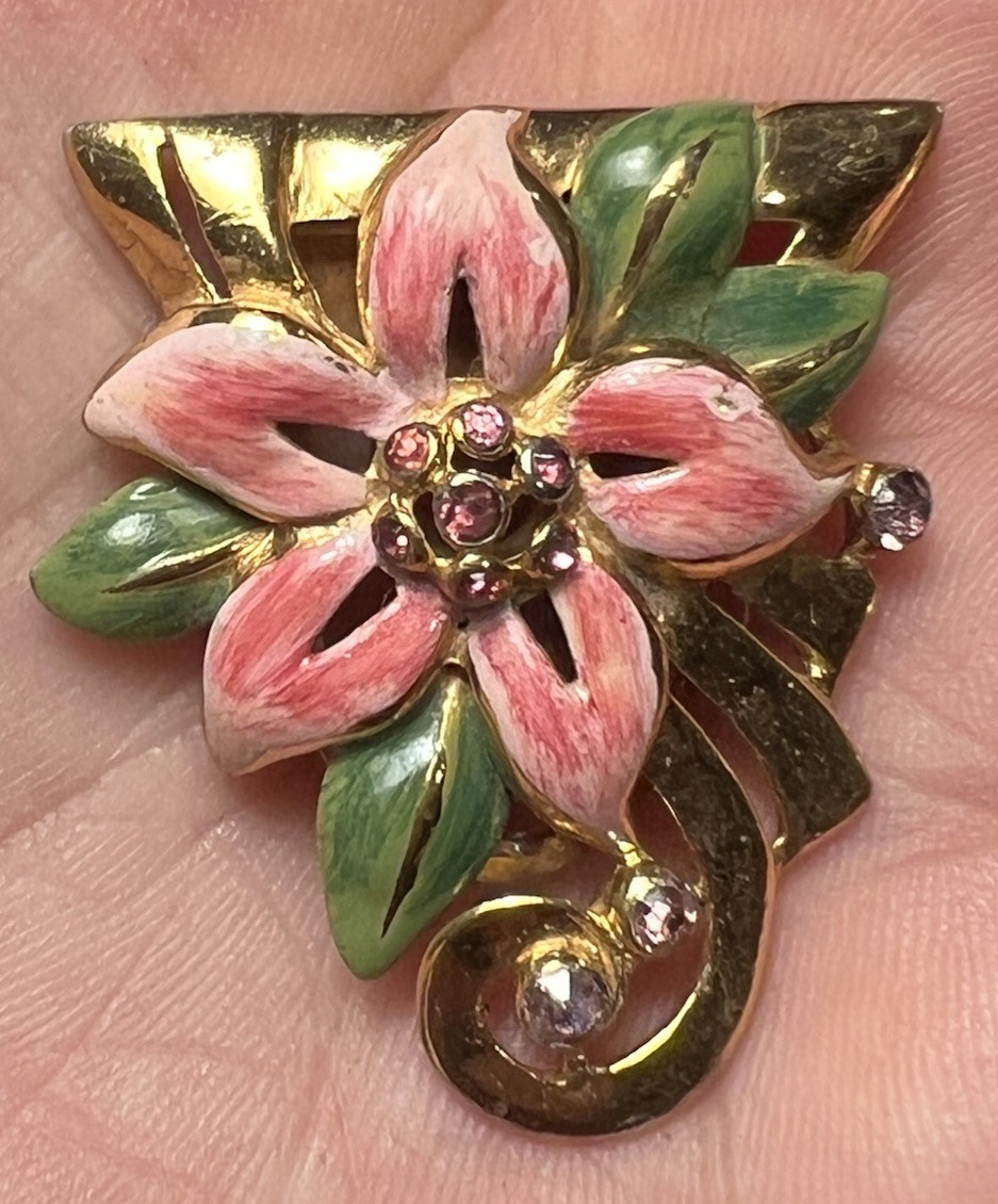 Vintage 1940’s Adolph Katz Coro Rhinestone Enamel Flower Fur Clips Duette Brooch