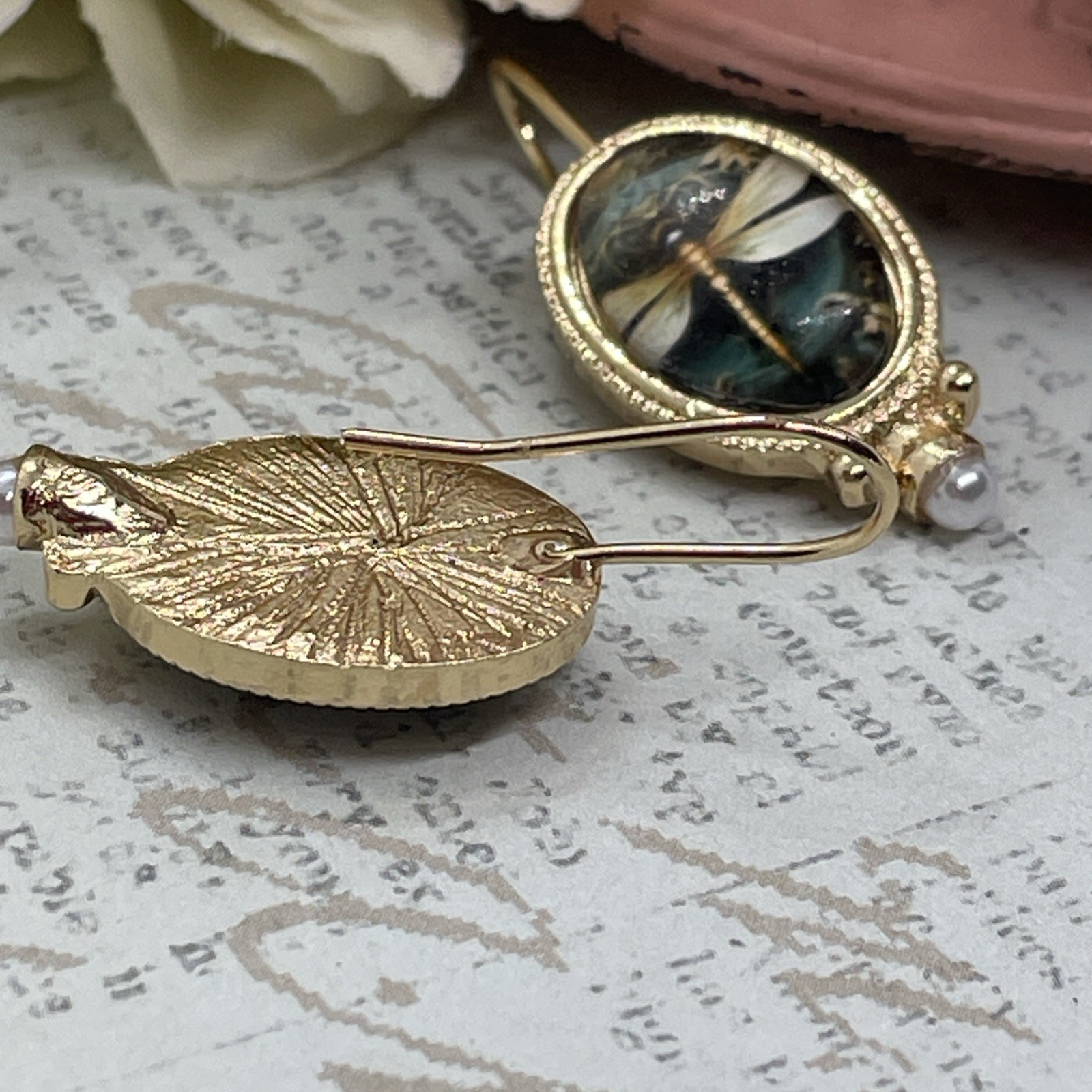 Gold plate Pearl Dragonfly Wire Purple Earrings Spring Gift Mom Birthday Wife