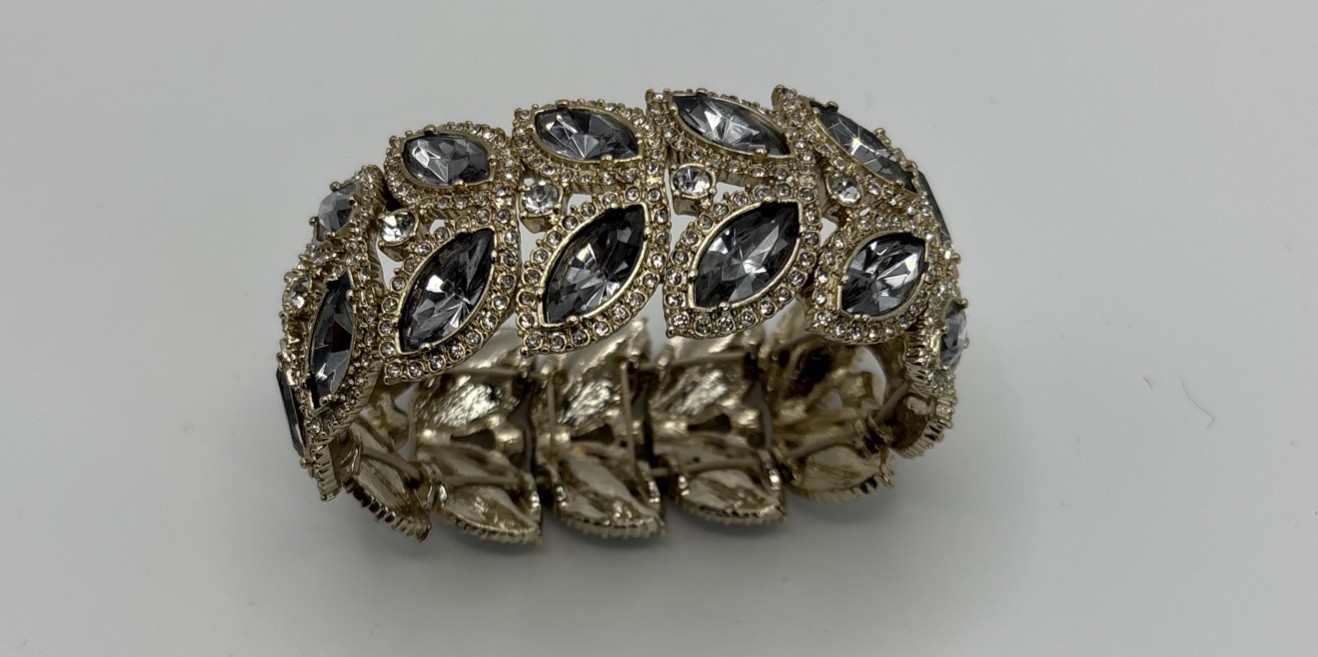 Vintage Crystal Wide Bracelet Angular Design Special Occasion Smokey-Gray 7in