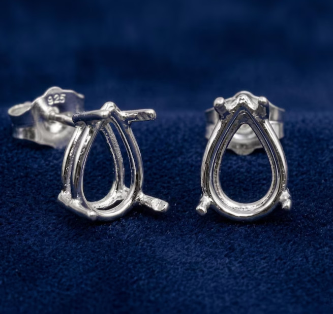 925 Sterling Silver 5x7mm Pear Prong Stud Earrings Semi Mount Jewelry Setting