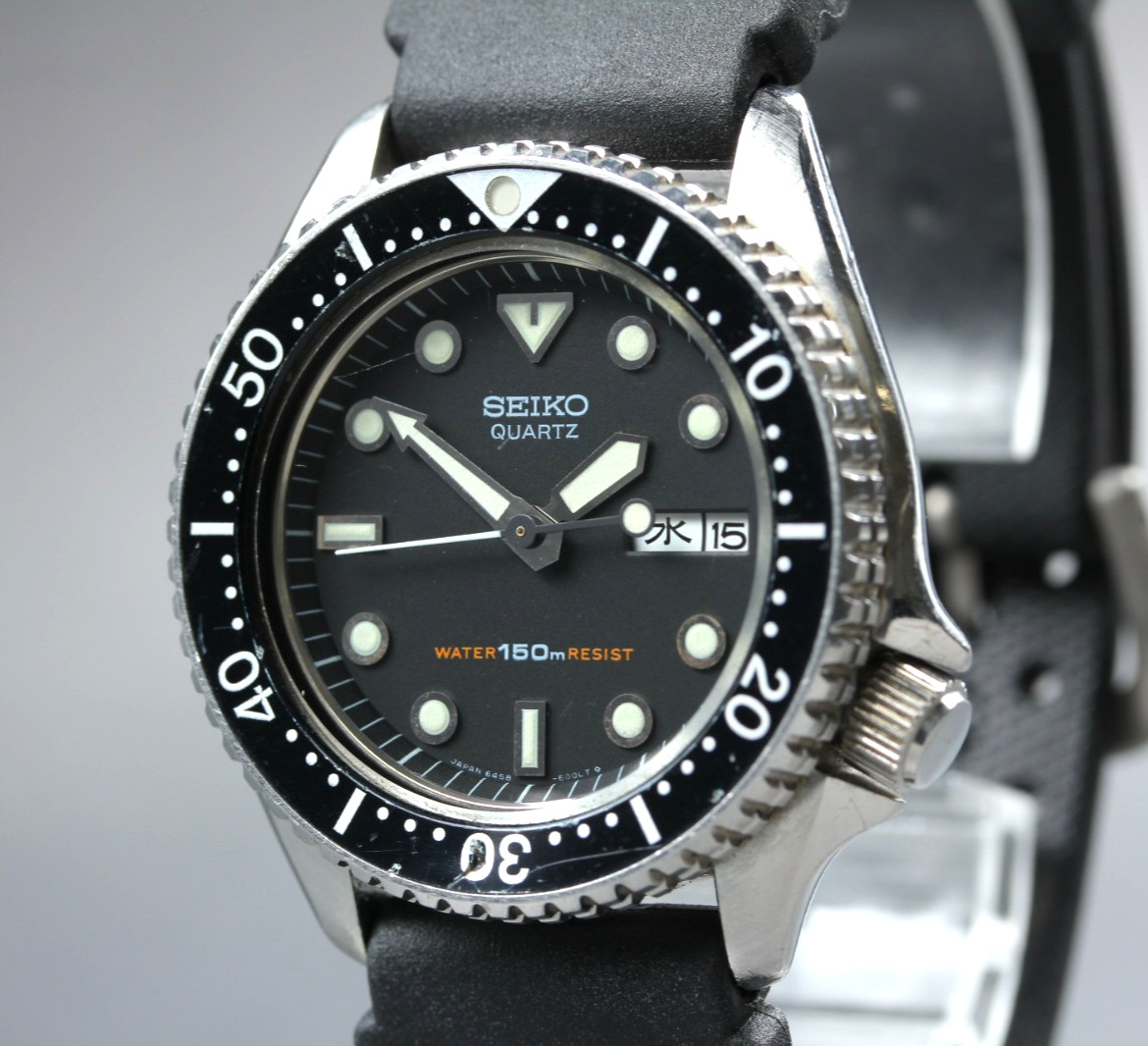 Vintage [N MINT] SEIKO Diver 6458-6000 38mm Black Day Date 150m Qz Men’s Watch