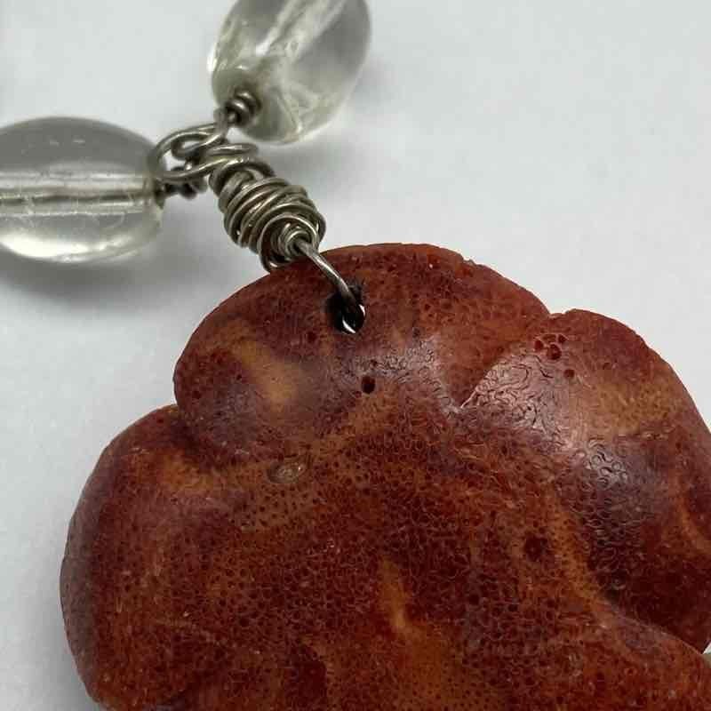 Vintage 900 Silver Carved Coral Rose Pendant Clear Bead Necklace 24″ 42.8g