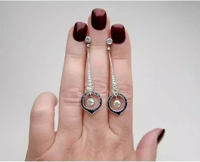 2Ct Round Natural Sapphire Vintage Art Deco Style Earrings 14K White Gold Plated