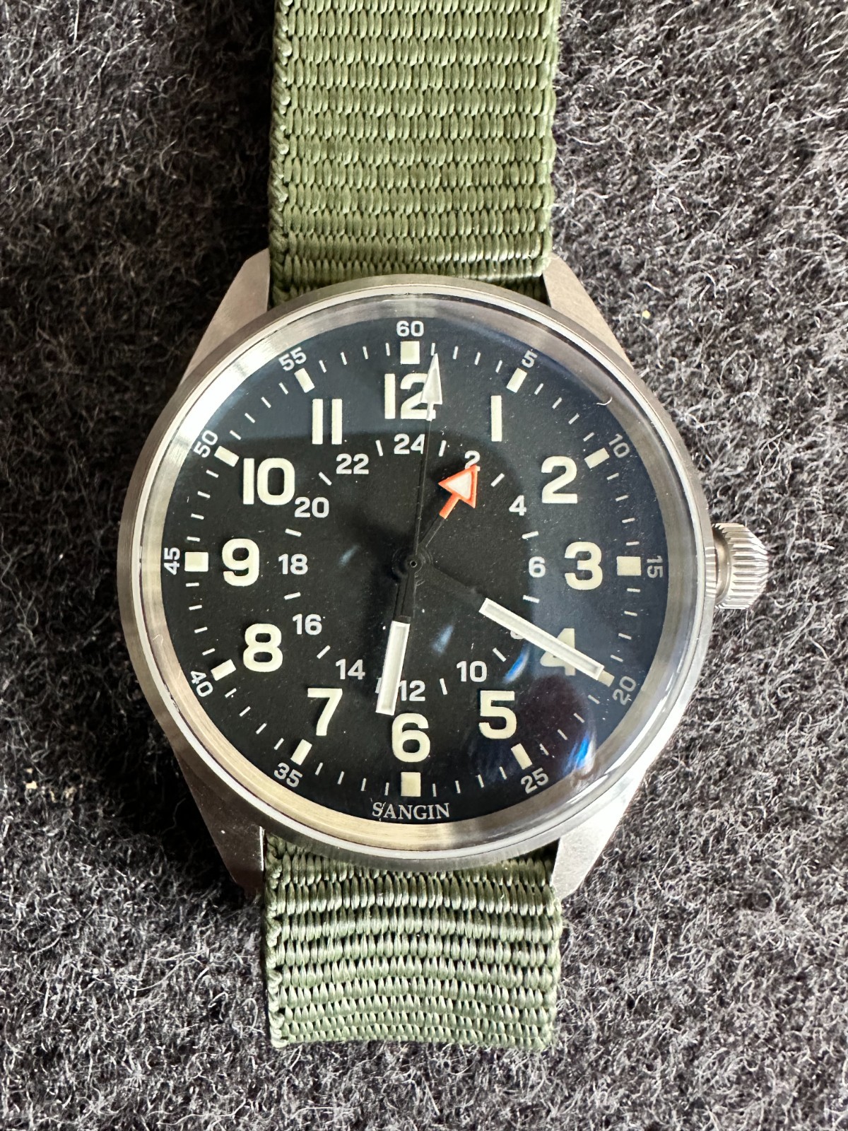 Sangin Instruments Overlord Brushed Field Watch, box, papers, WOE Strap
