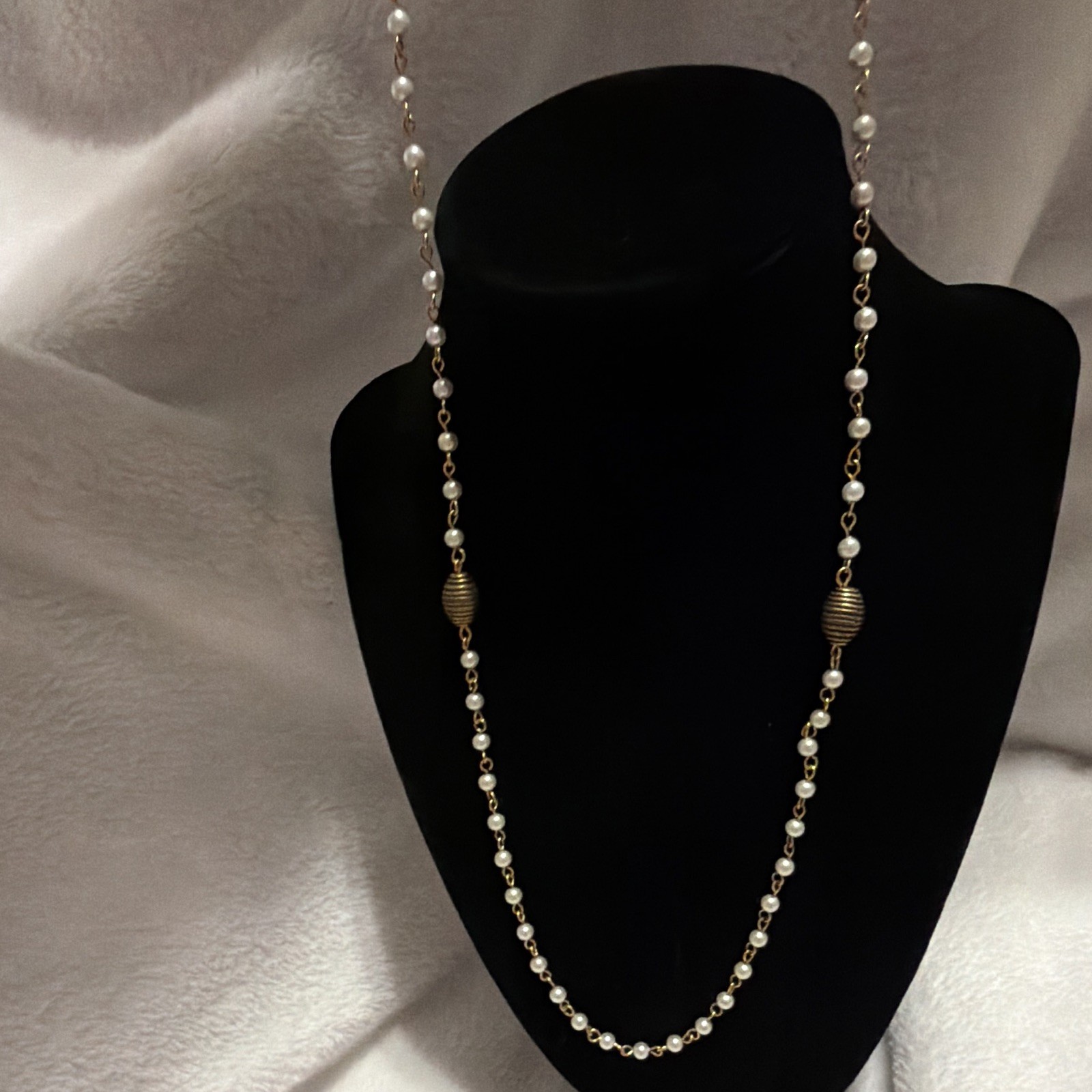 Gold Tone Layered White Faux Pearl Beaded Station Necklace Ball/Bead Chain