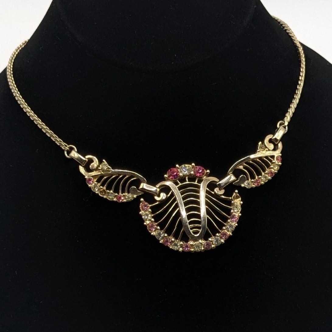 VTG 1940s LUSTERN Art Deco Choker Necklace Gold Tone Filigree Rhinestones 15in