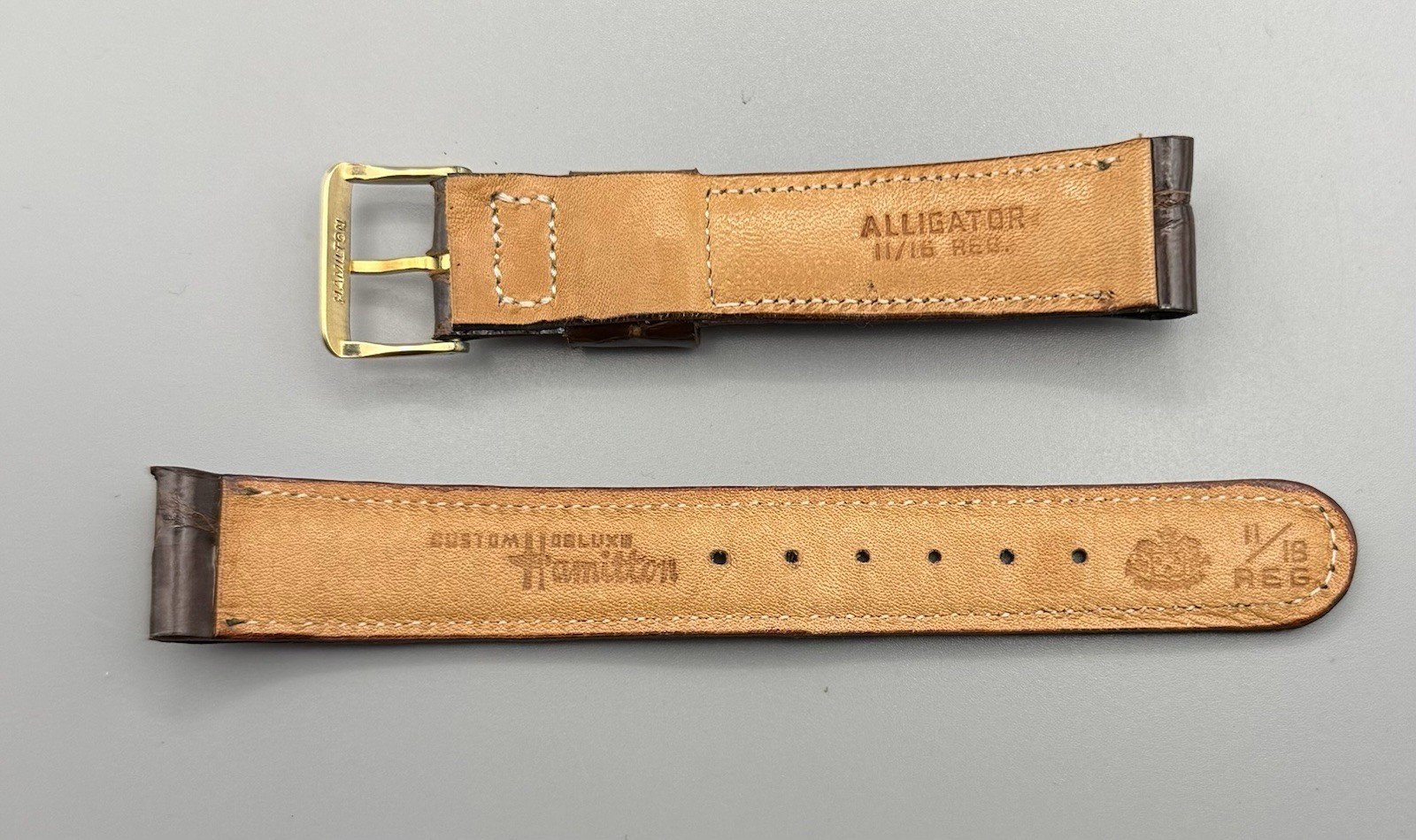 NOS 1950-60s Hamilton Custom Deluxe Alligator 11/16 R Watch Band & Signed Buckle
