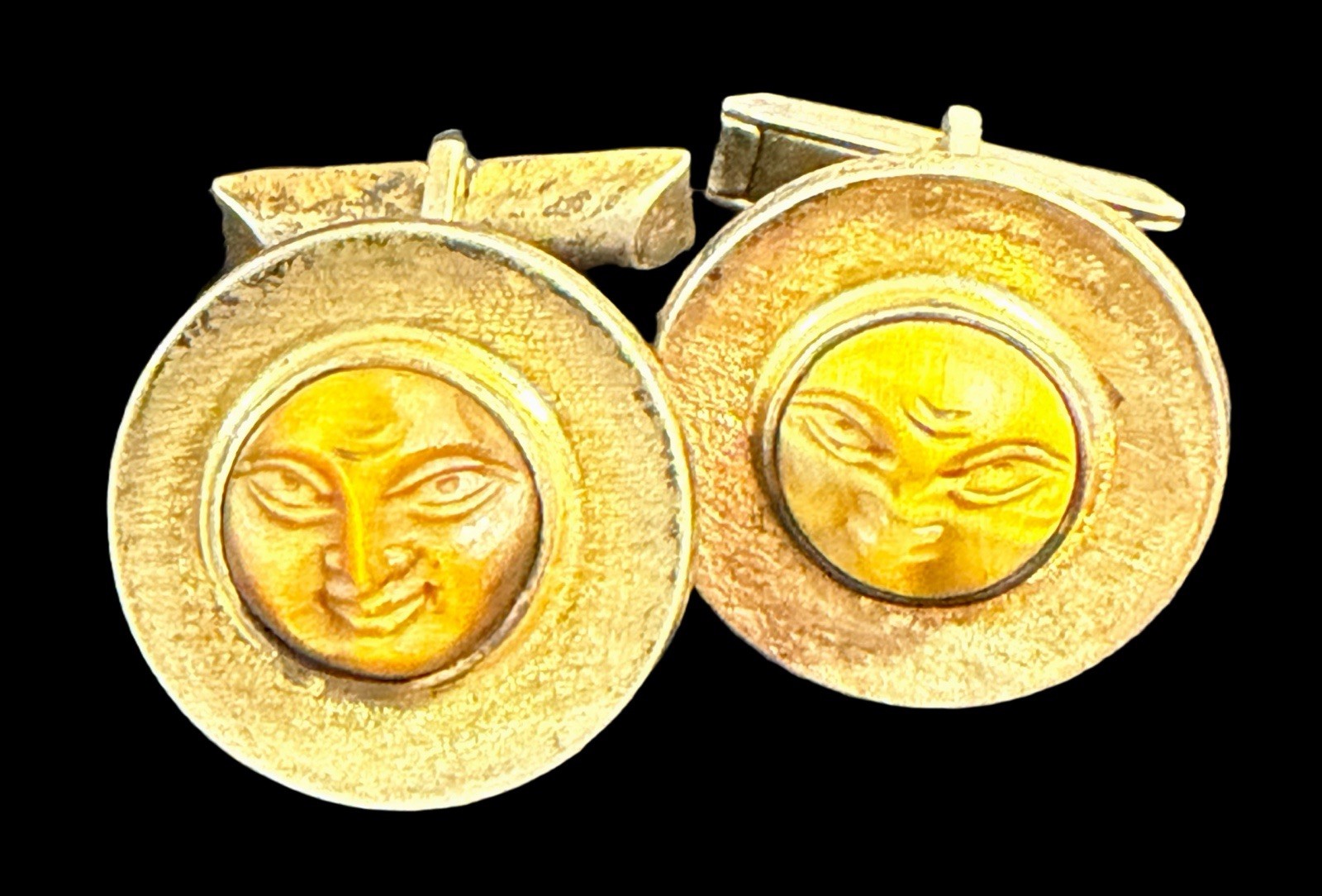 Cufflinks 1950’s Carved Tiger’s Eye Stone “Man in the Moon” or Sun Face Motif