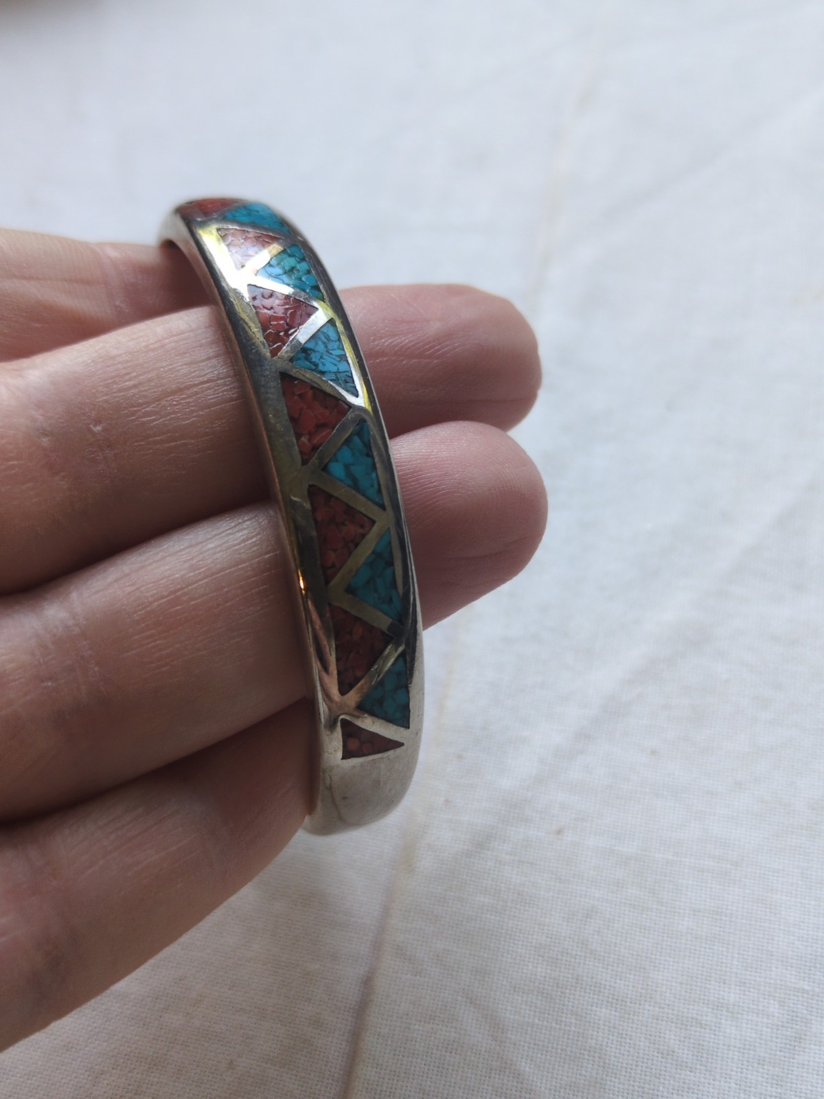 VTG Old Carlisle 925 Silver Crushed Turquoise & Coral Cuff Bracelet 25.0 g