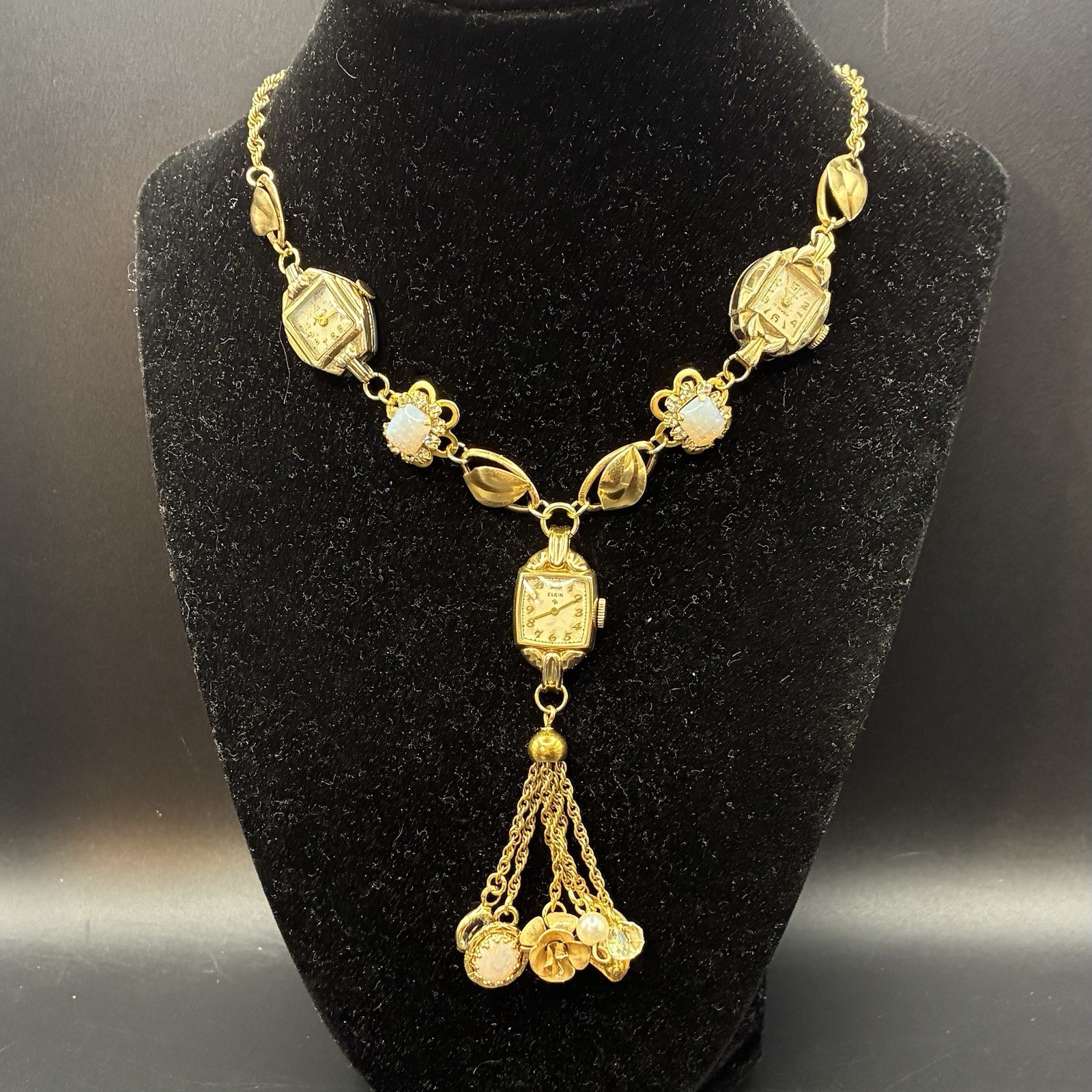 Custom OoaK Vintage Gold Filled Triple Watch Necklace, Opal, Estate Assemblage