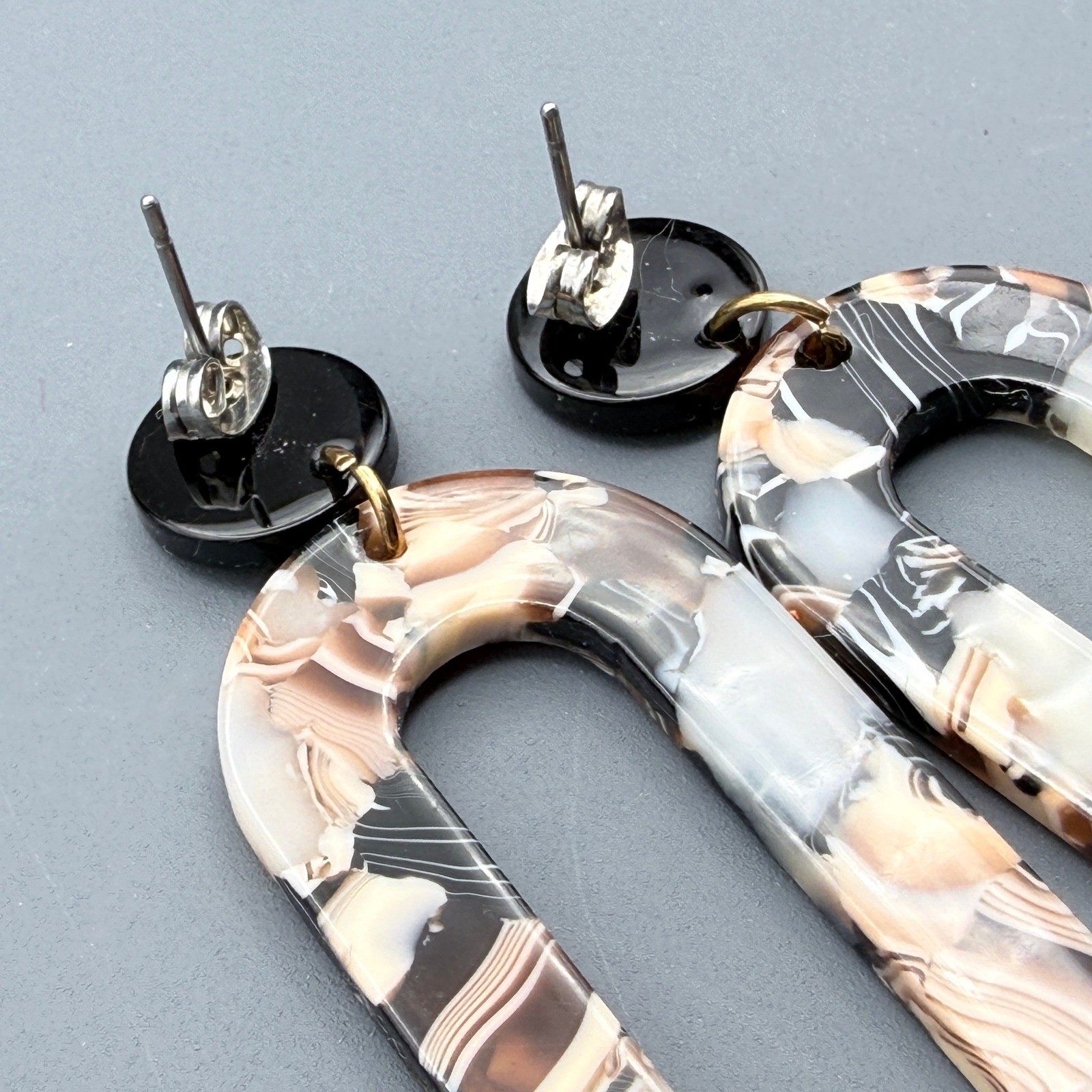 Acrylic Marble Earrings Lightweight Neutral Brown Black White Acetate Oval Drops