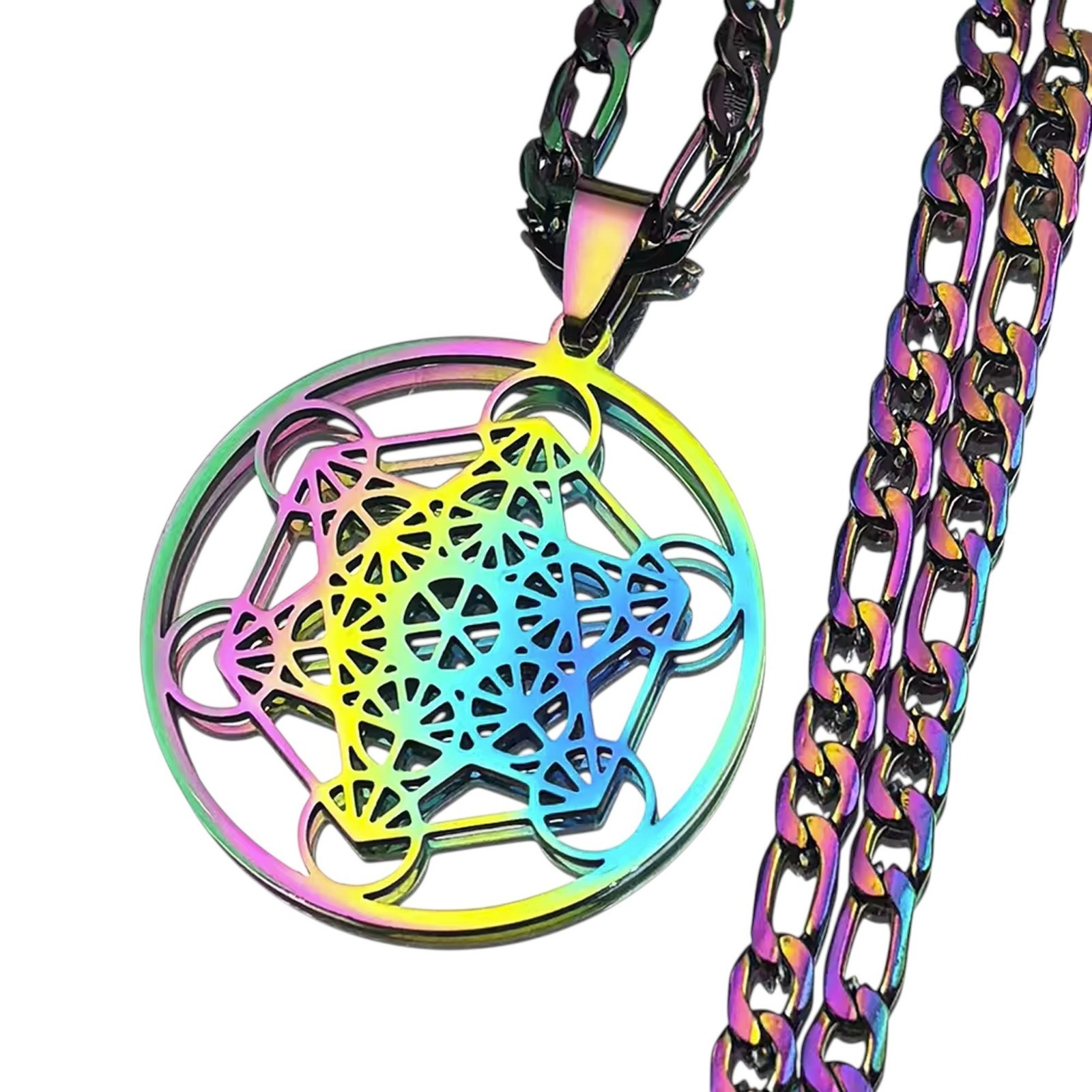 Metatrons Cube Necklace Rainbow Stainless Steel Sacred Geometry Pendant Unisex