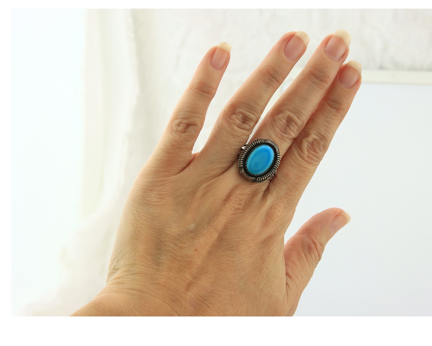 Navajo Ring Sterling Silver Natural Turquoise Signed LY Vintage Size 10.0