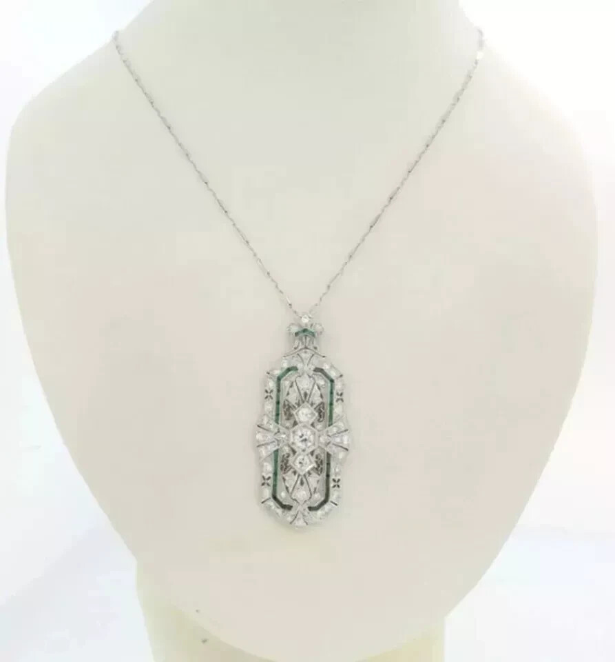 Vintage Style lab Created Diamond Emerald Wedding Pendant 14k White Gold Finish