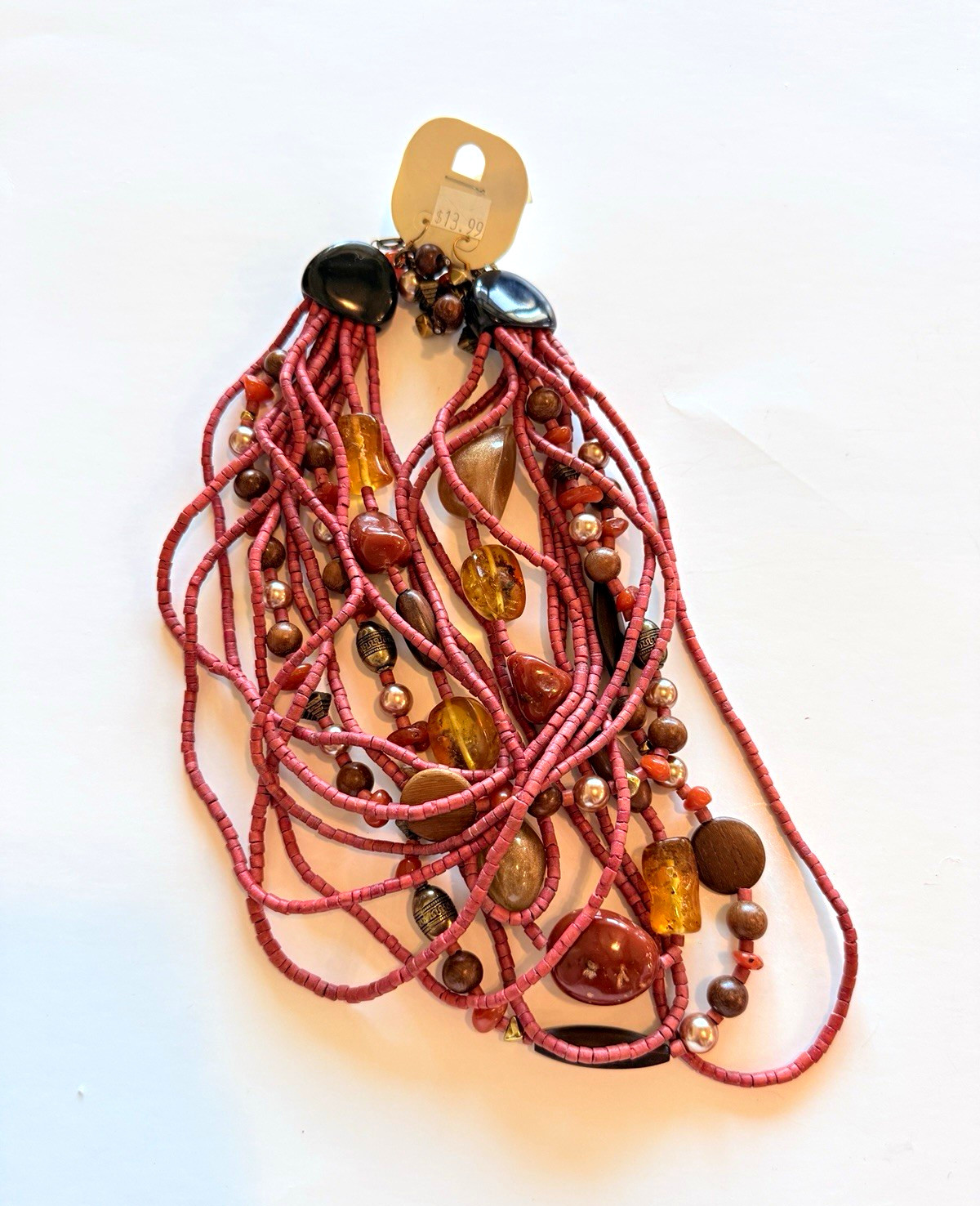 Pink Beaded Multi-Strand Statement Necklace Hook Closure Bohemian Theme