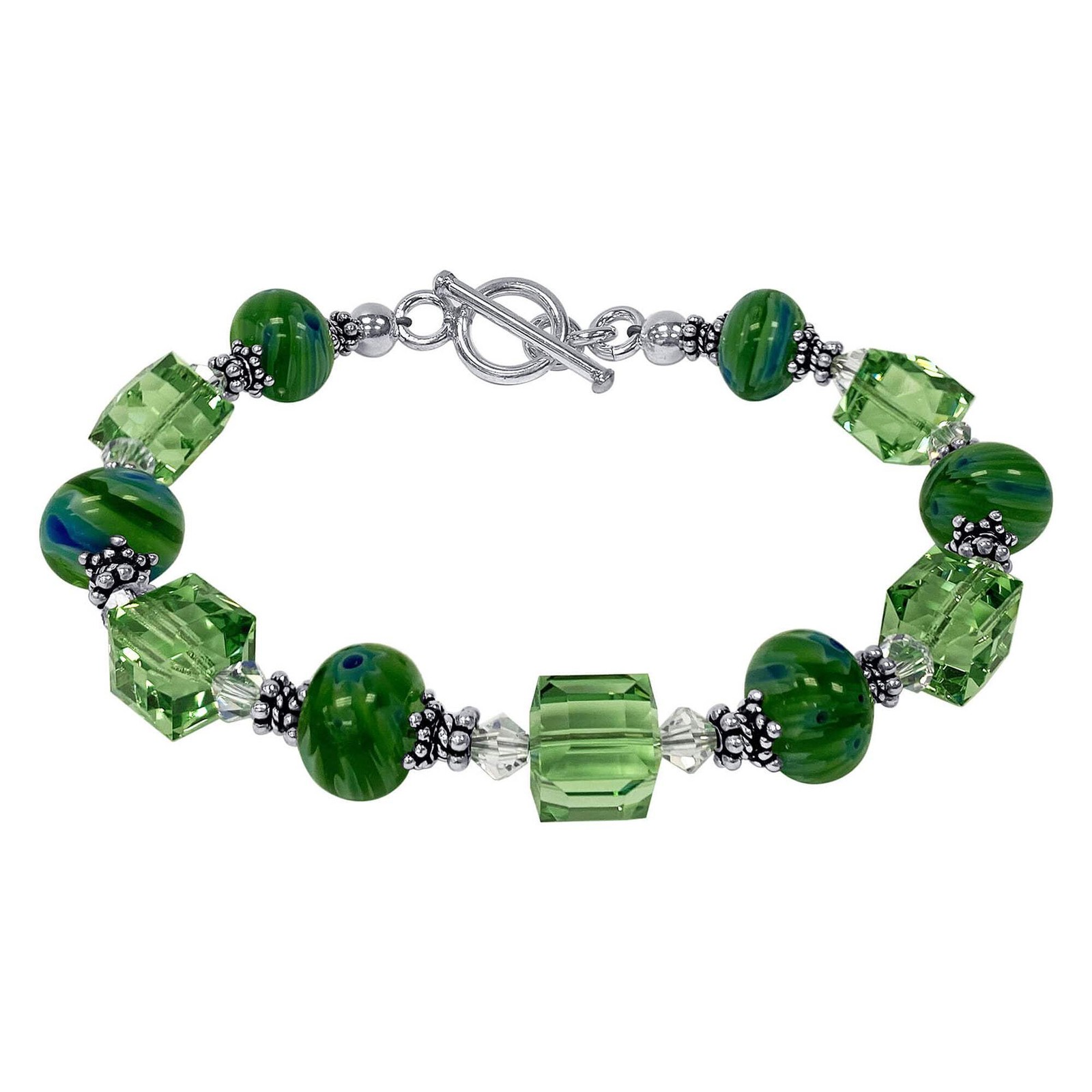 Green Millefiori Glass & Austrian Crystals 925 Sterling Silver 7.5 inch Long Bra