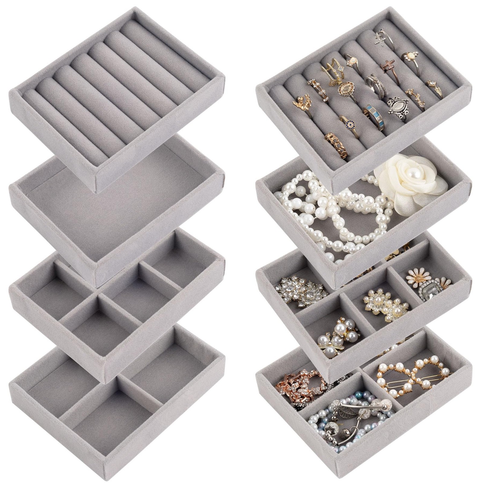 Framendino, 4 Pack Jewelry Tray Ring Display Case Stackable Organizer Trays D…