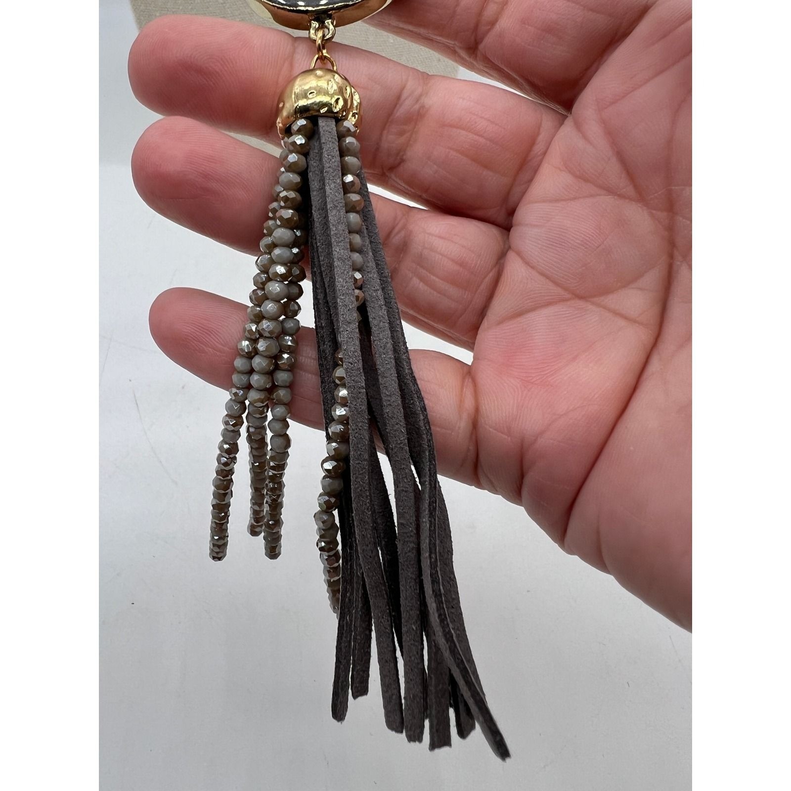 Gray Agate Slice Tassel Pendant Necklace Boho Statement Long Beaded Gray Stone