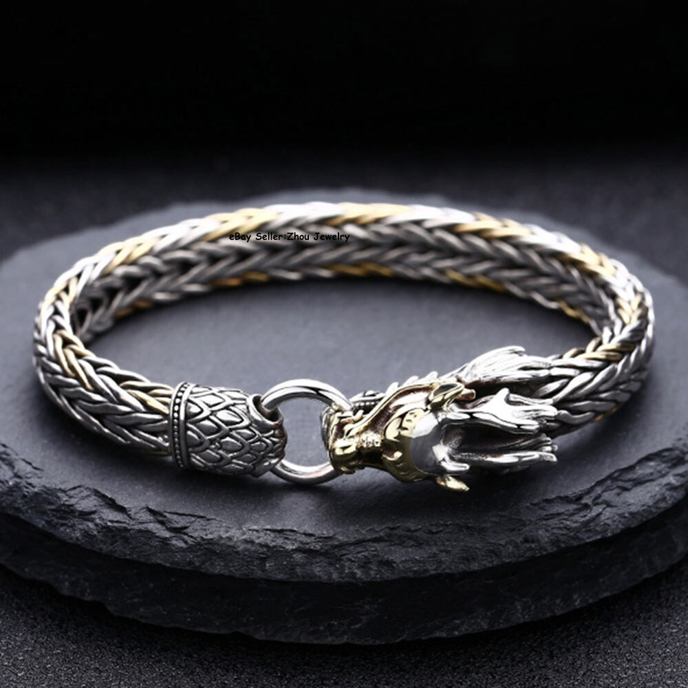 Pure S925 Sterling Silver Chain Dragon Head Wheat Link Bracelet 7.1-7.9inch