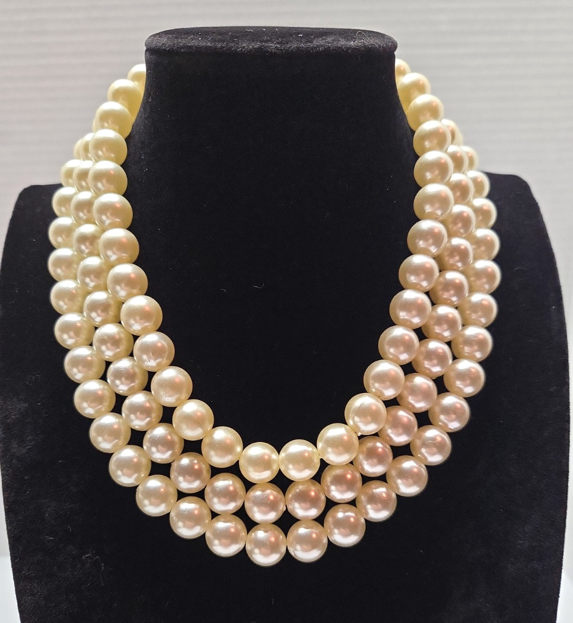 Vintage Triple Strand Faux Pearl Choker Necklace Gold Tone