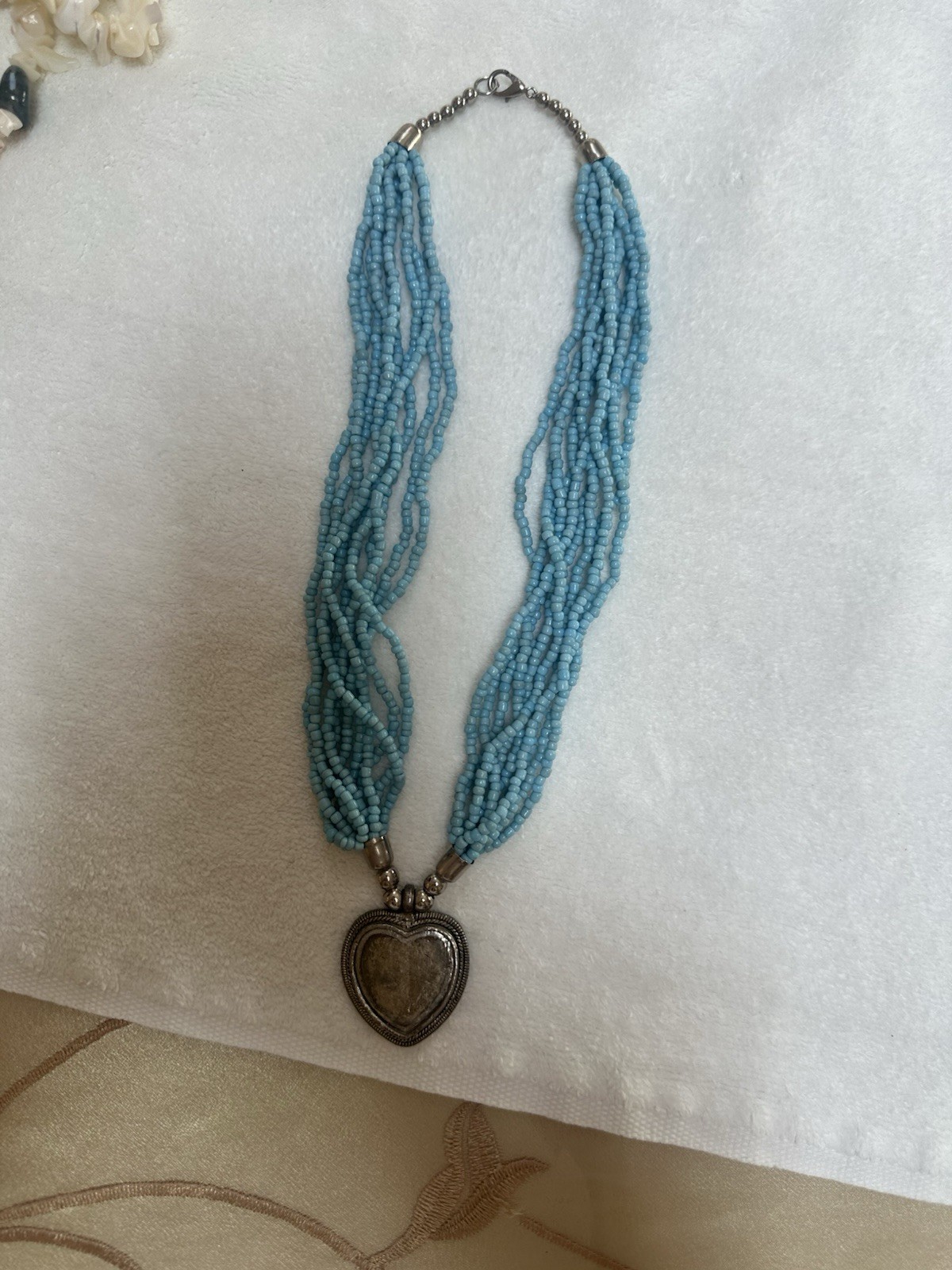 Blue Beaded Multi-Strand Ball Chain Necklace w Silver Tone Heart Charm Lobster