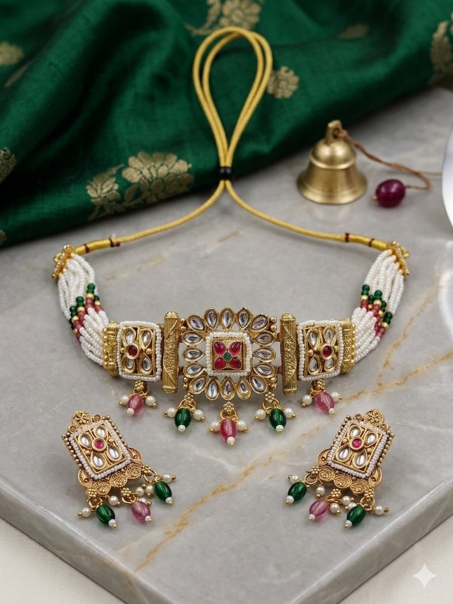Bollywood Rajwadi Kundan Pearl Choker Set Gold Tone Bridal Wedding Jewelry
