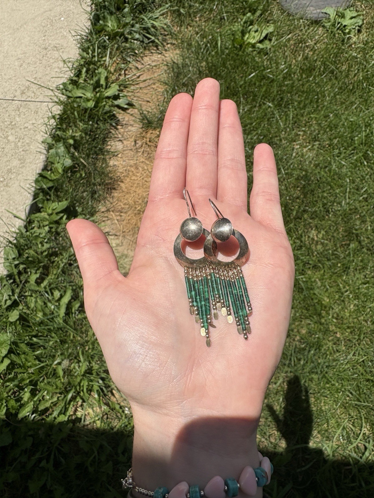 Sterling Silver & Malachite Dangle Stamped Earrings