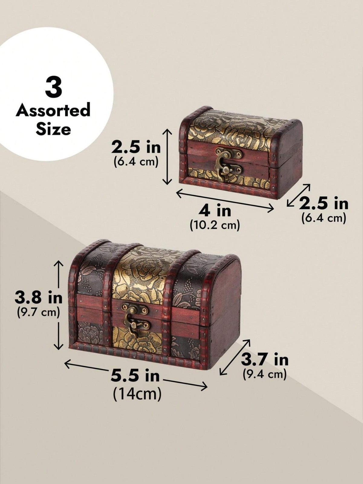 New 3Pc Vintage Wooden Treasure Chest Box Jewelry Storage Retro Antique Charming