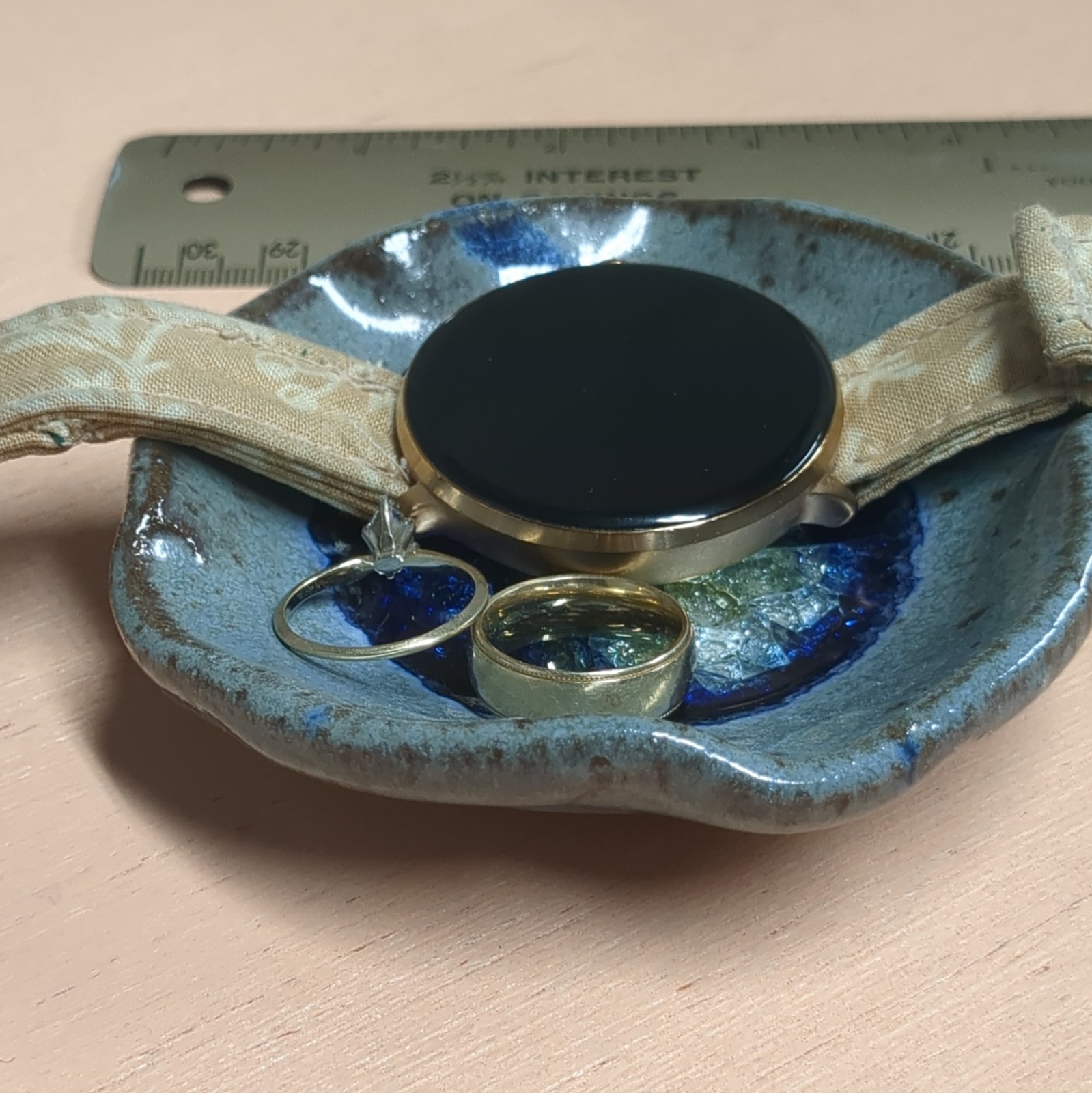 Handmade Ceramic Round Ring Jewelry Dish, Blue & Gray, Holds 3 Pieces