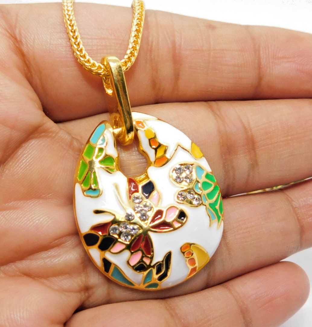 Colorful Butterfly Pendant Necklace and Earrings Set Gold Plated Enamel Jewelry
