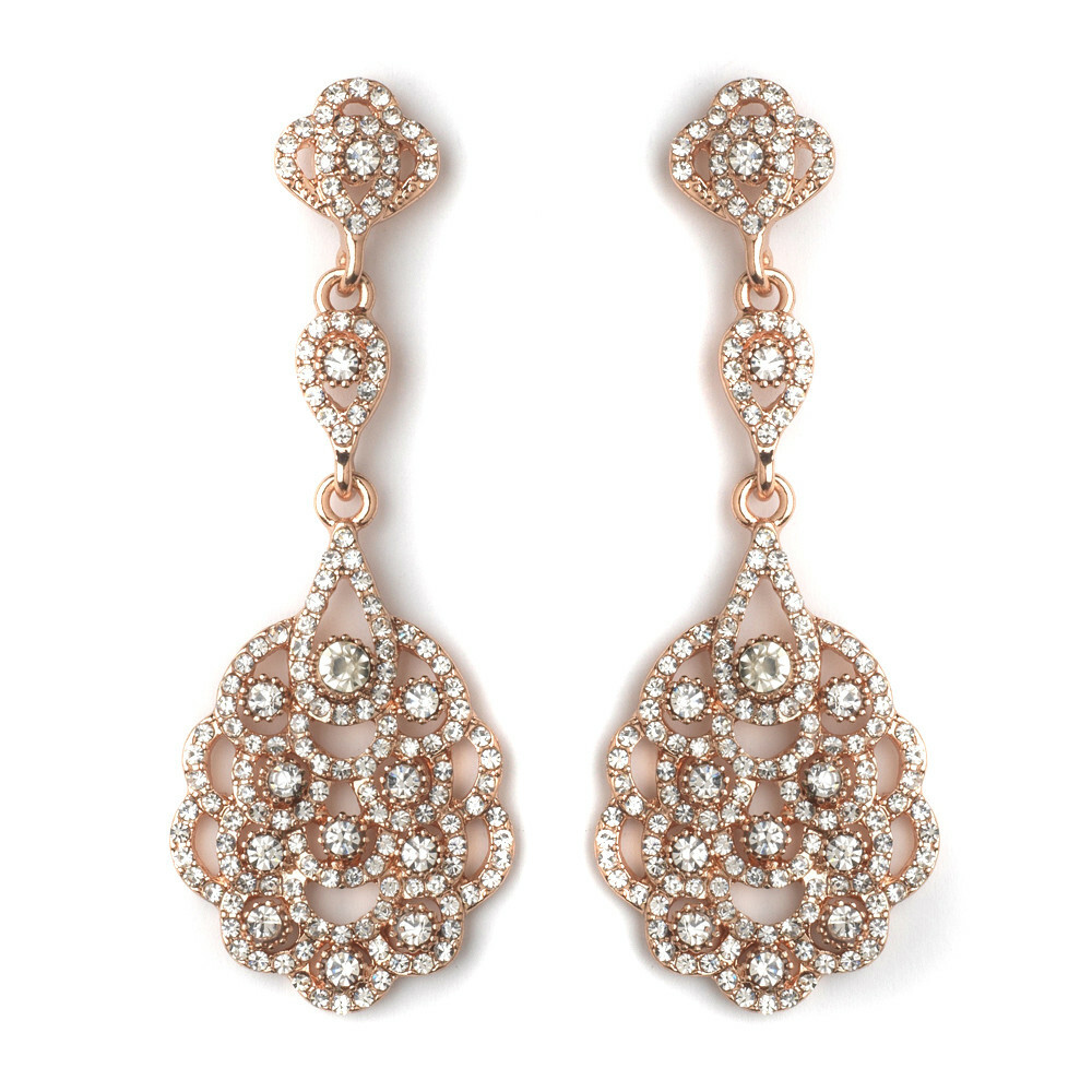Rose Gold Clear Rhinestone Chandelier Bridal Wedding Earrings